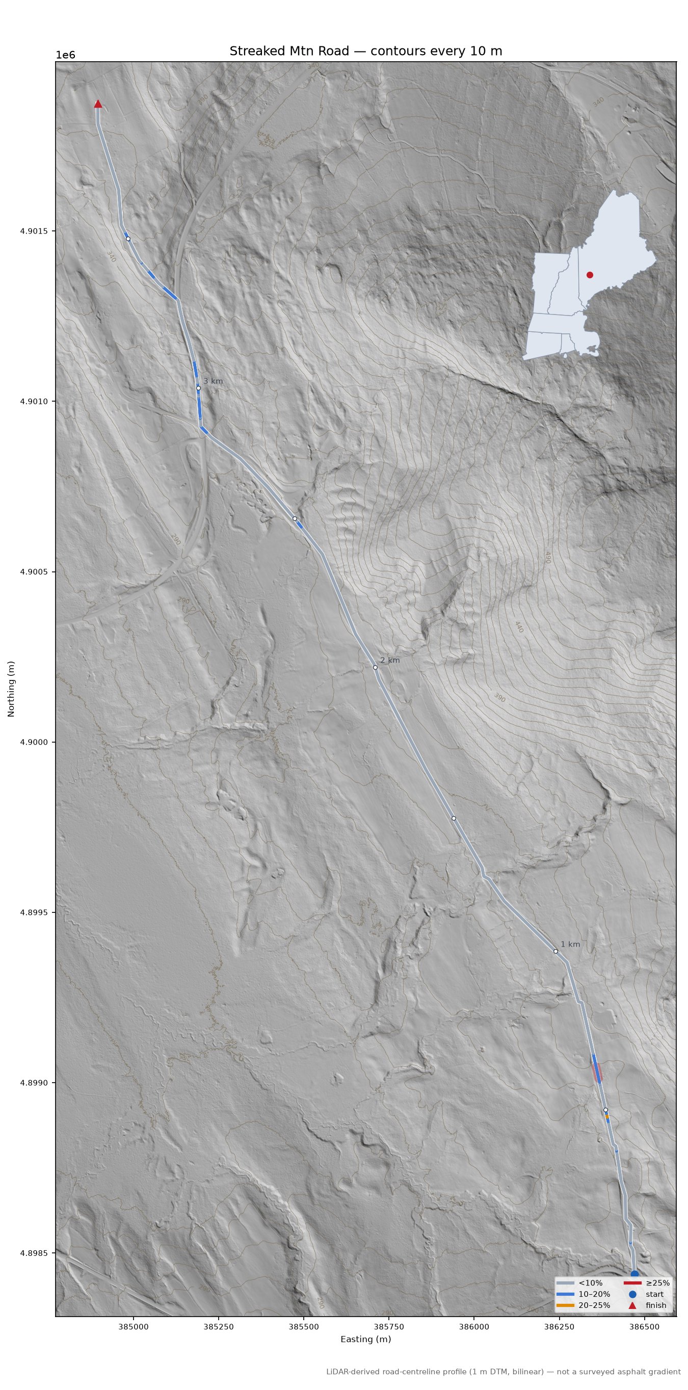 Streaked Mtn Road LiDAR hillshade map with contours