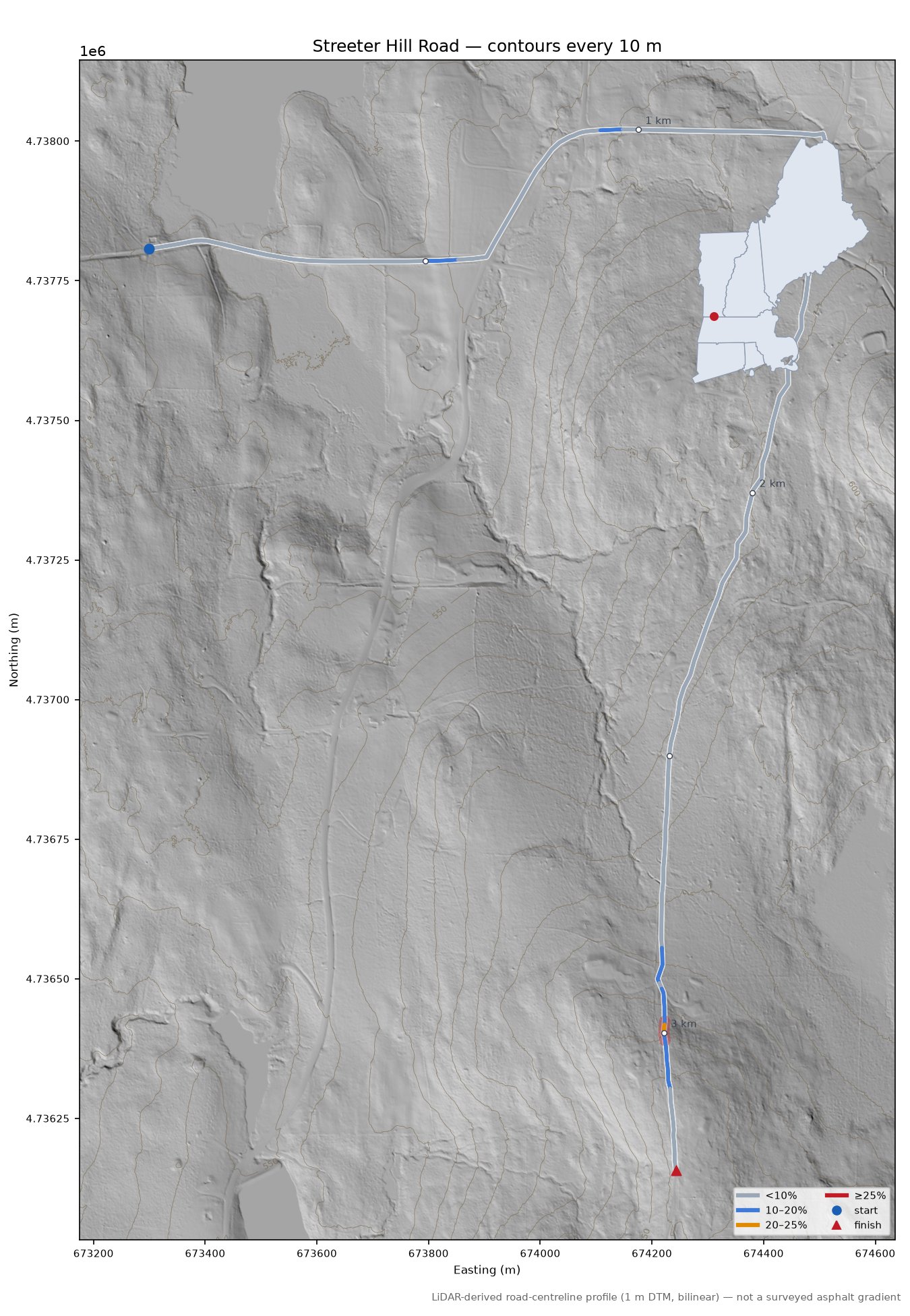 Streeter Hill Road LiDAR hillshade map with contours