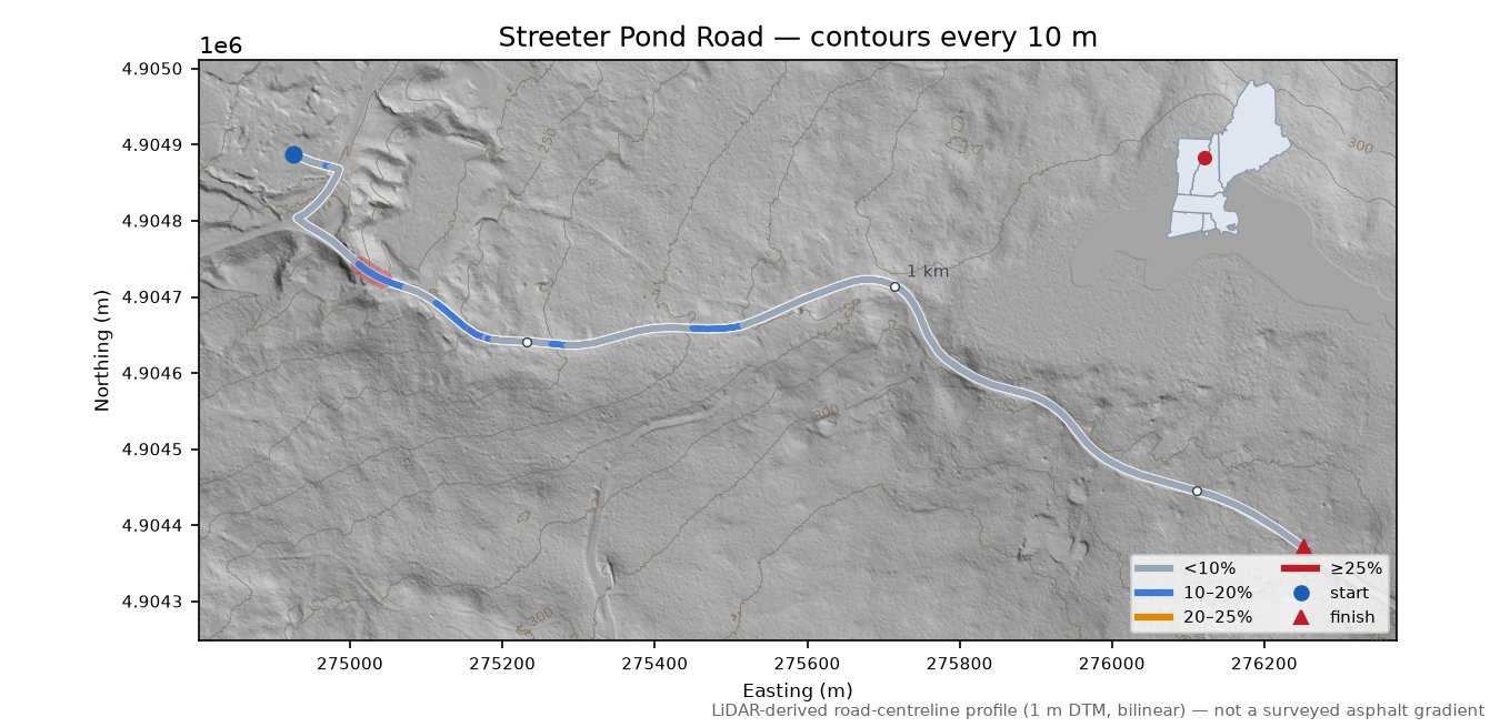 Streeter Pond Road LiDAR hillshade map with contours