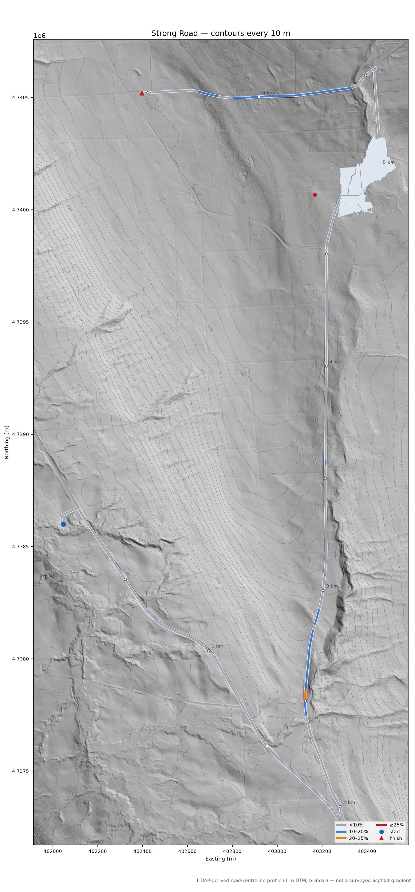 Strong Road LiDAR hillshade map with contours