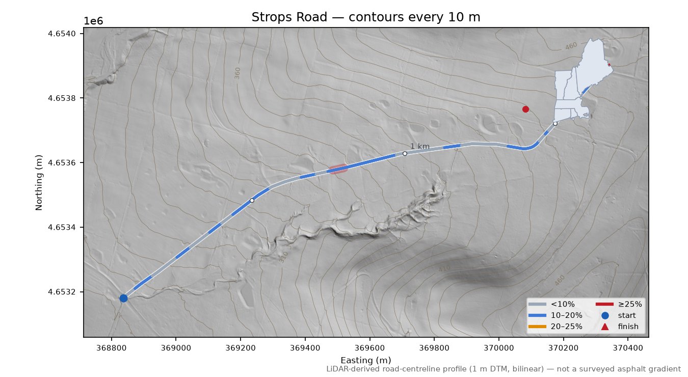Strops Road LiDAR hillshade map with contours