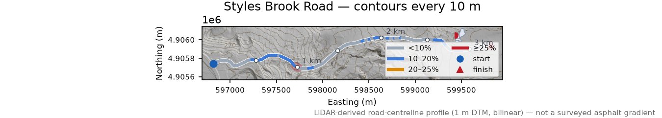 Styles Brook Road LiDAR hillshade map with contours