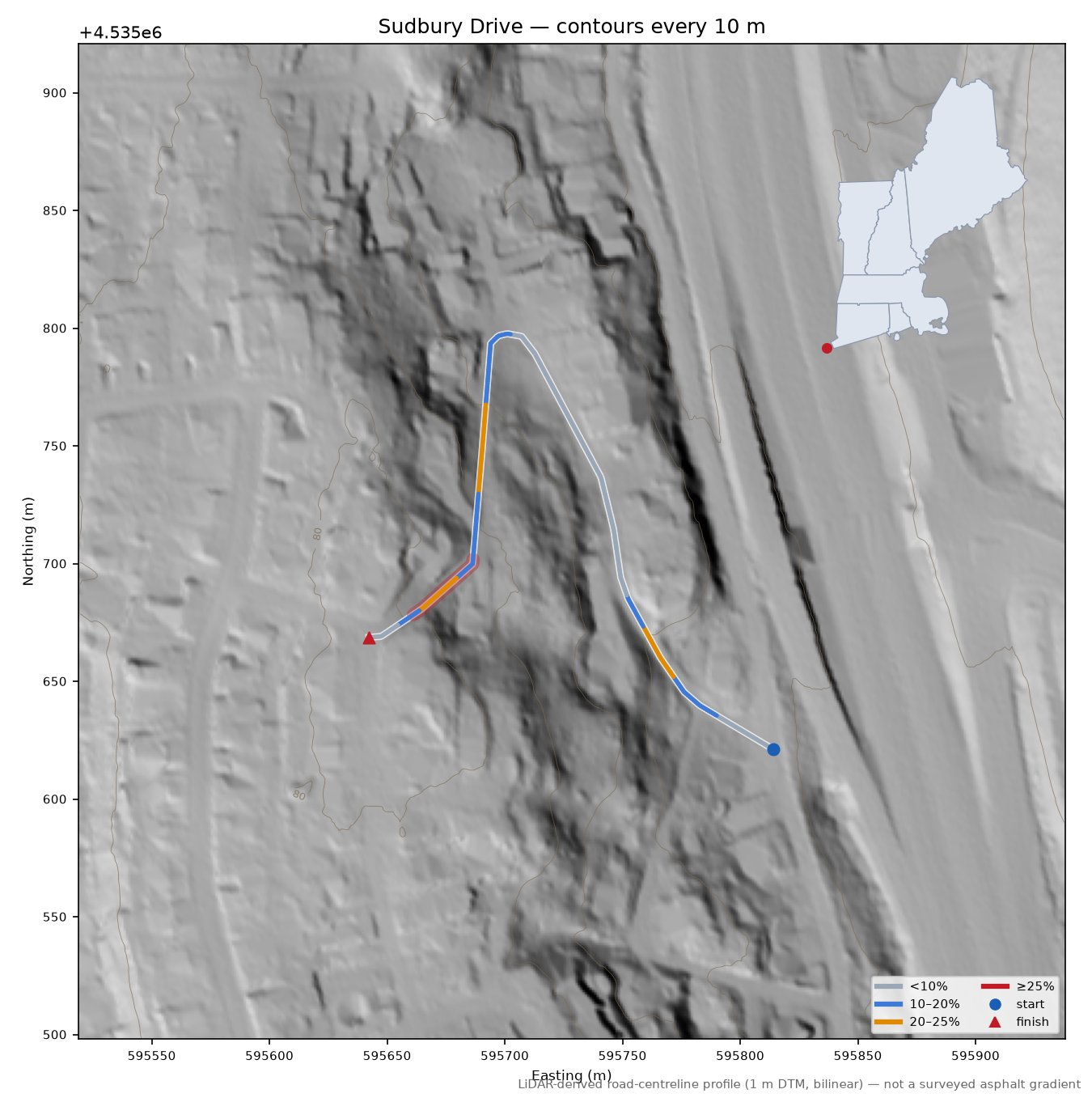 Sudbury Drive LiDAR hillshade map with contours