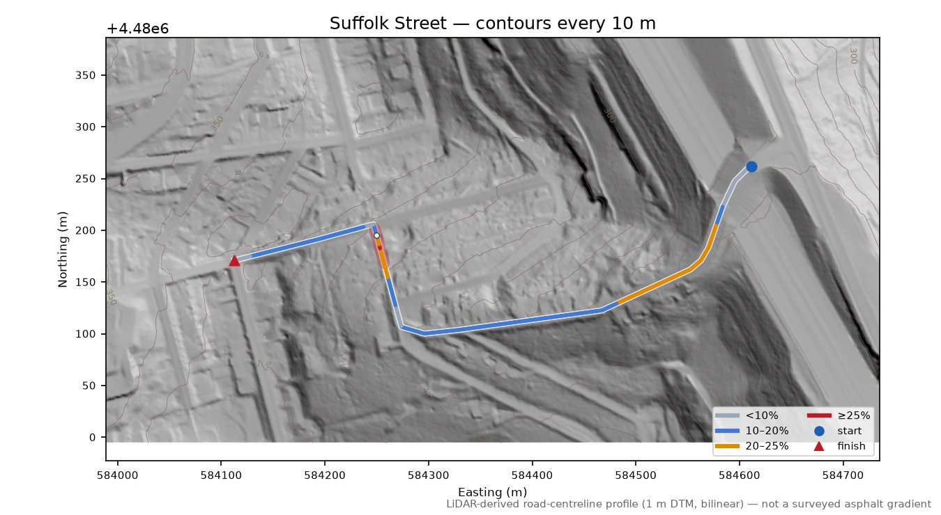 Suffolk Street LiDAR hillshade map with contours