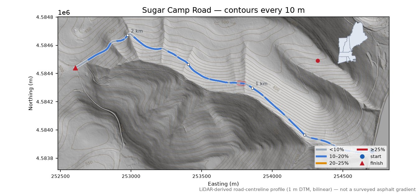 Sugar Camp Road LiDAR hillshade map with contours