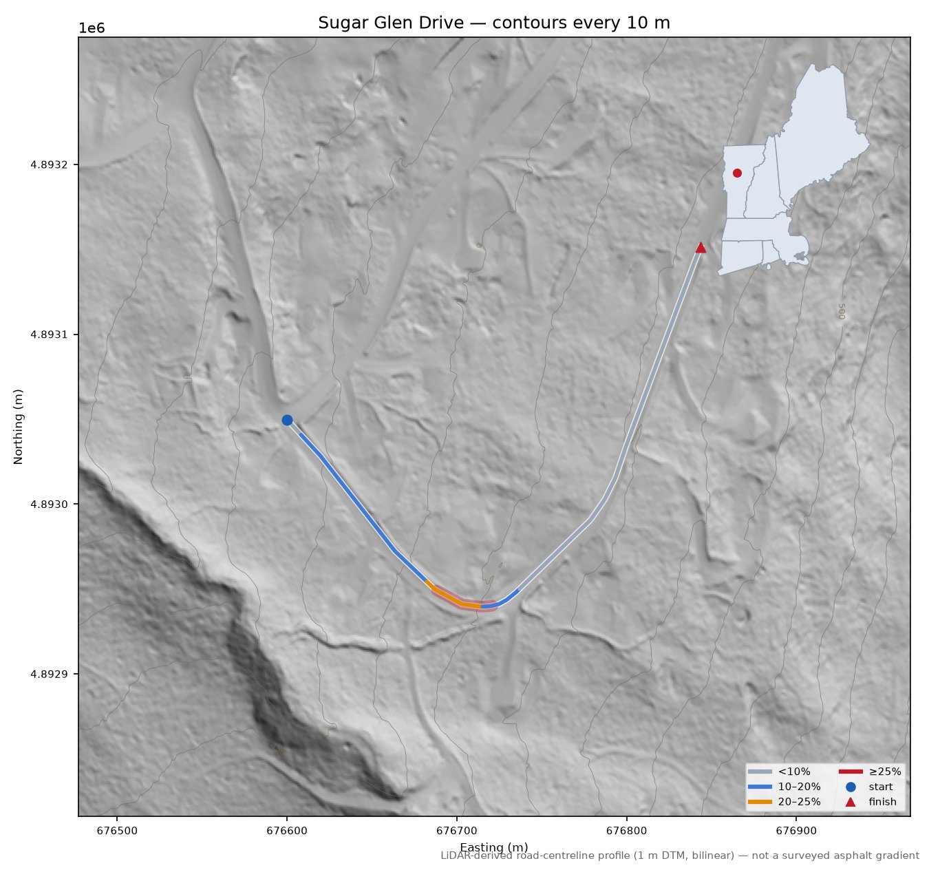 Sugar Glen Drive LiDAR hillshade map with contours