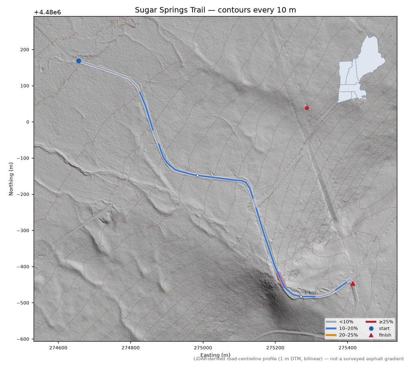Sugar Springs Trail LiDAR hillshade map with contours