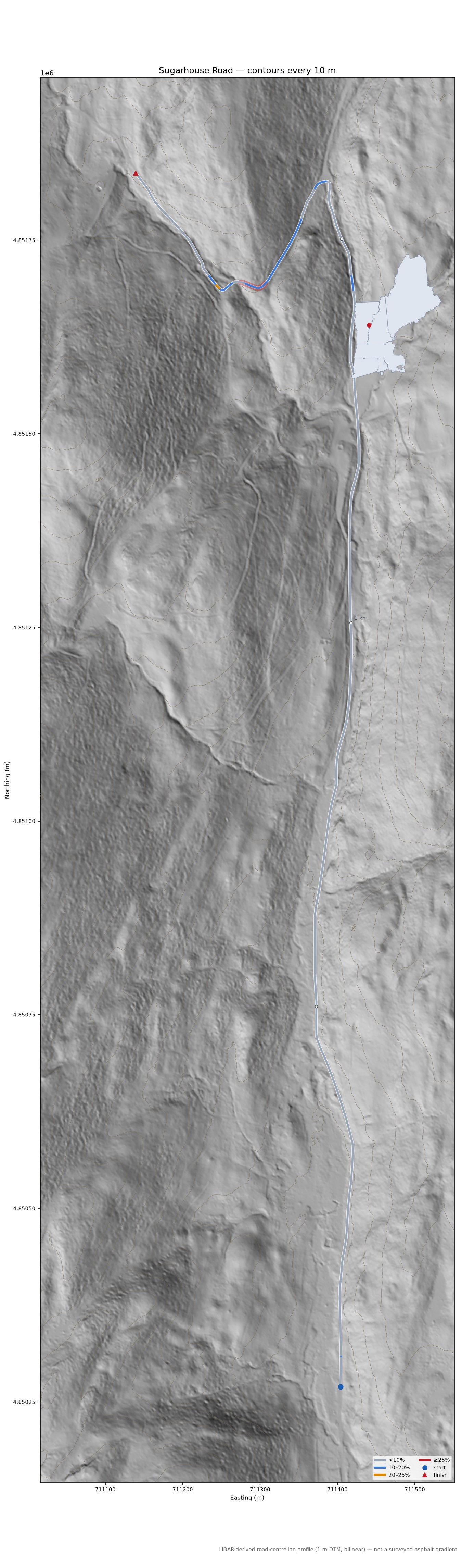 Sugarhouse Road LiDAR hillshade map with contours
