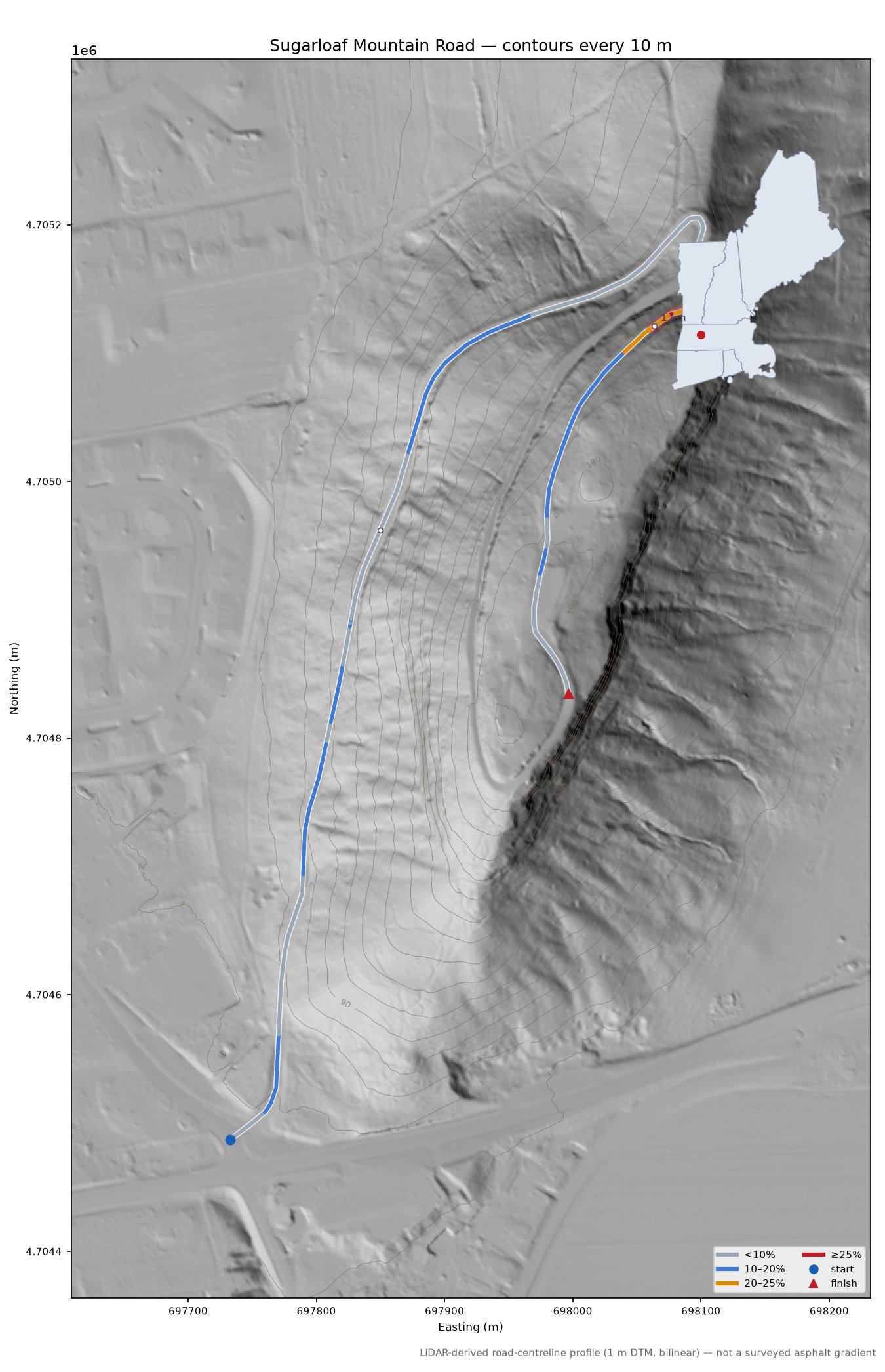 Sugarloaf Mountain Road LiDAR hillshade map with contours