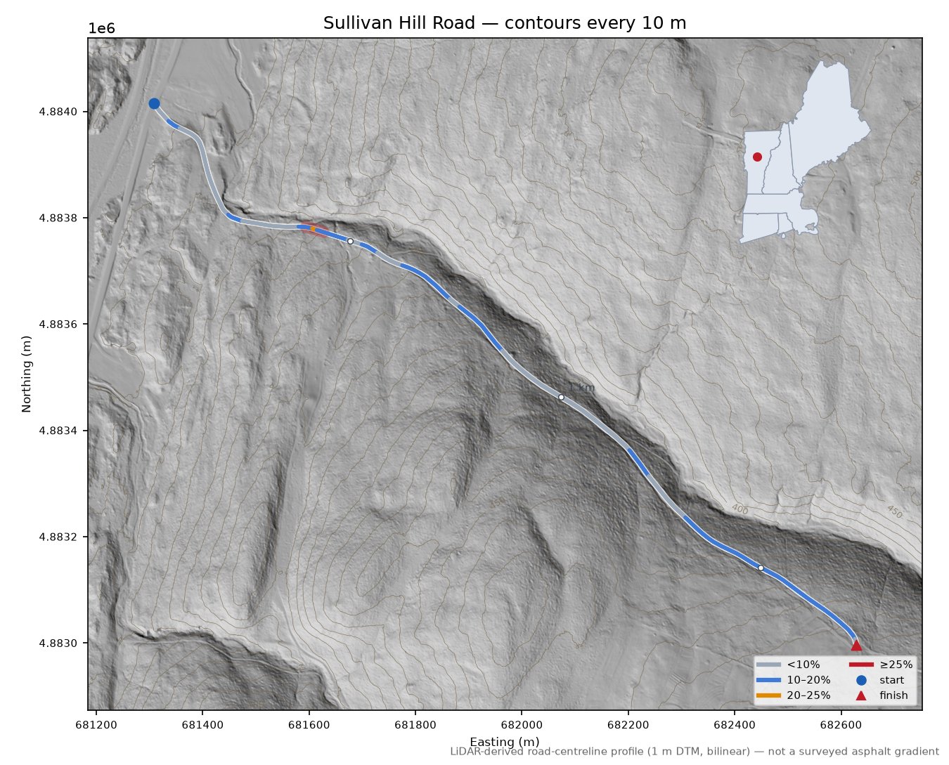 Sullivan Hill Road LiDAR hillshade map with contours
