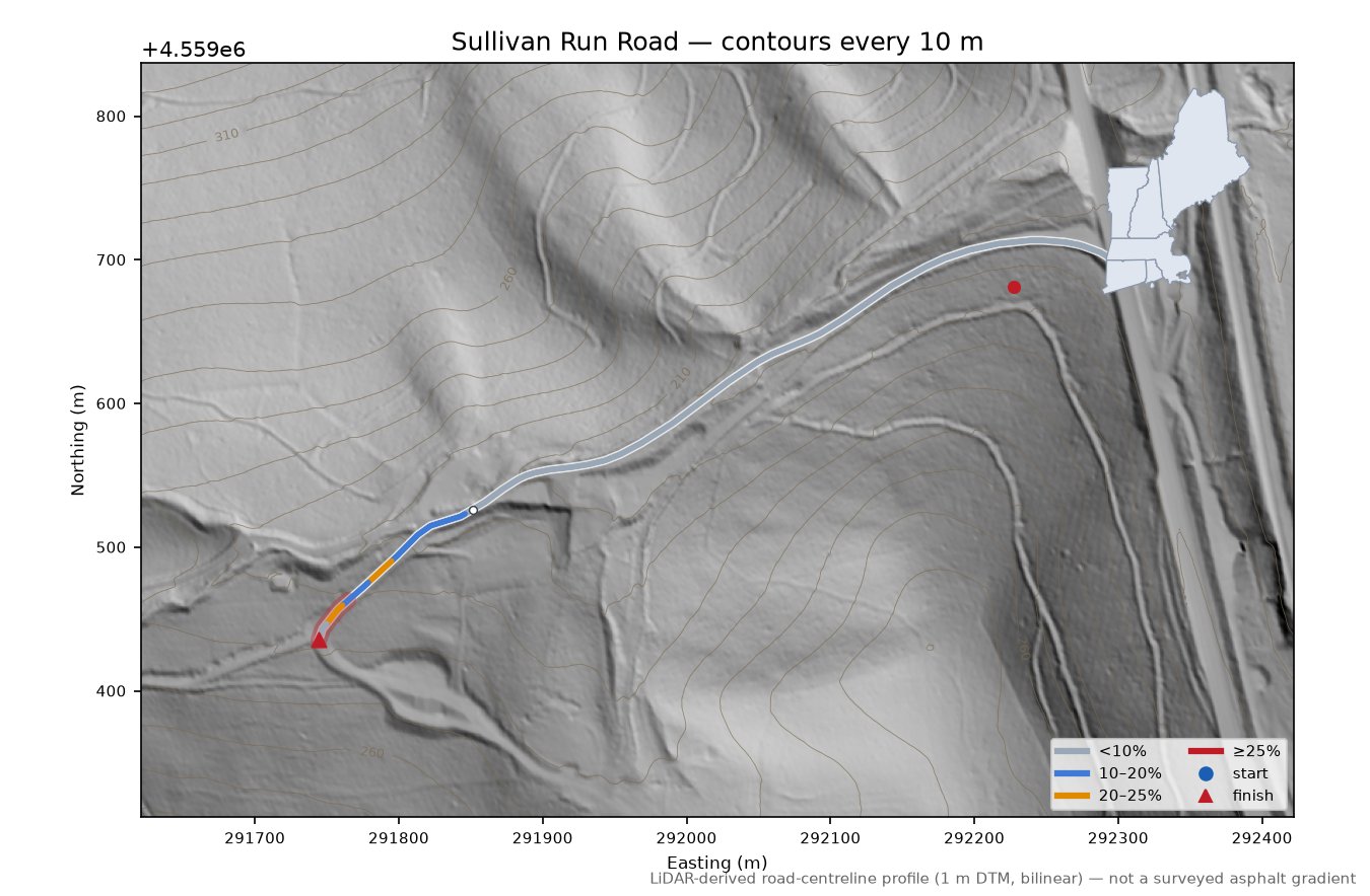 Sullivan Run Road LiDAR hillshade map with contours