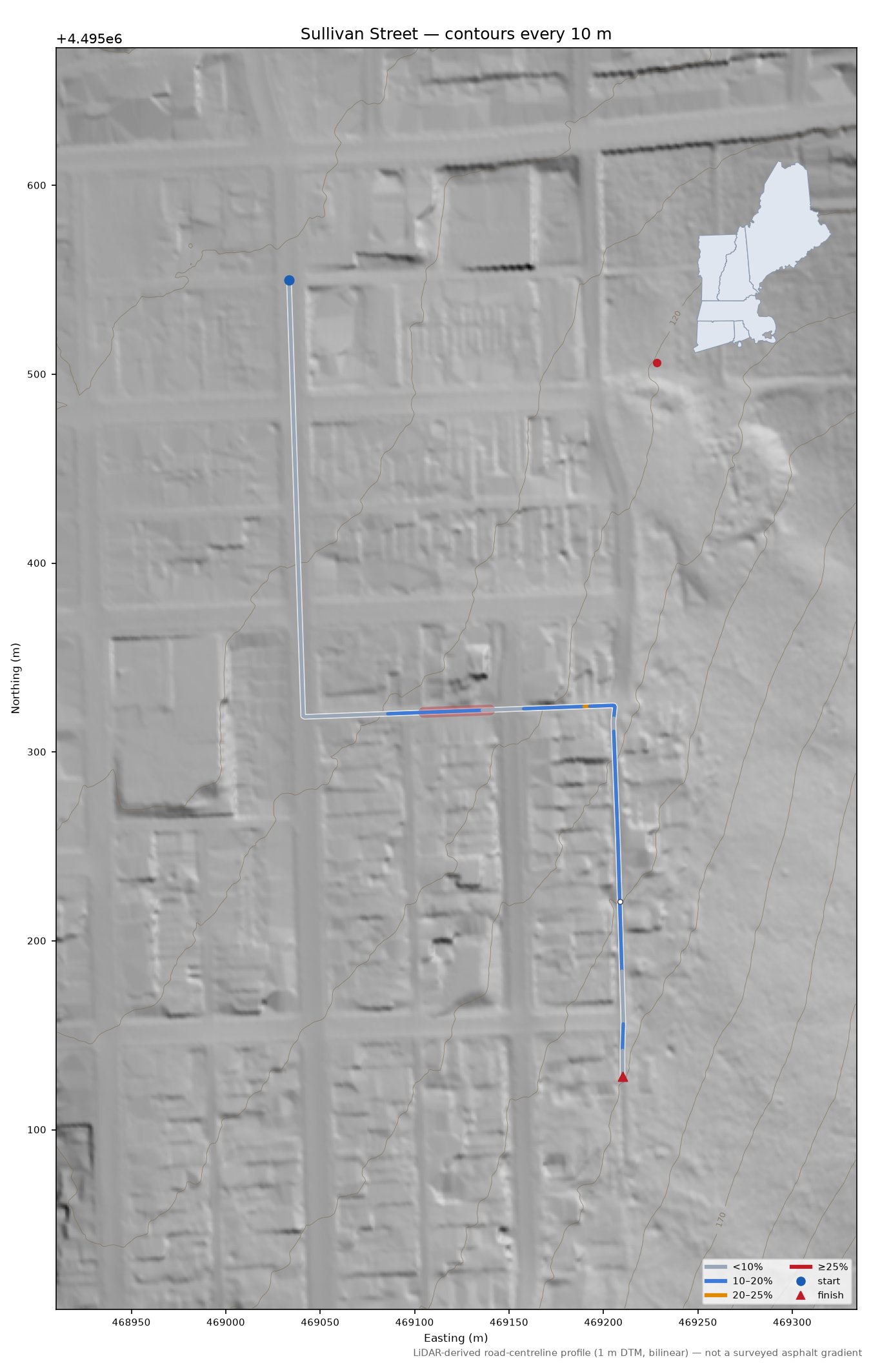 Sullivan Street LiDAR hillshade map with contours