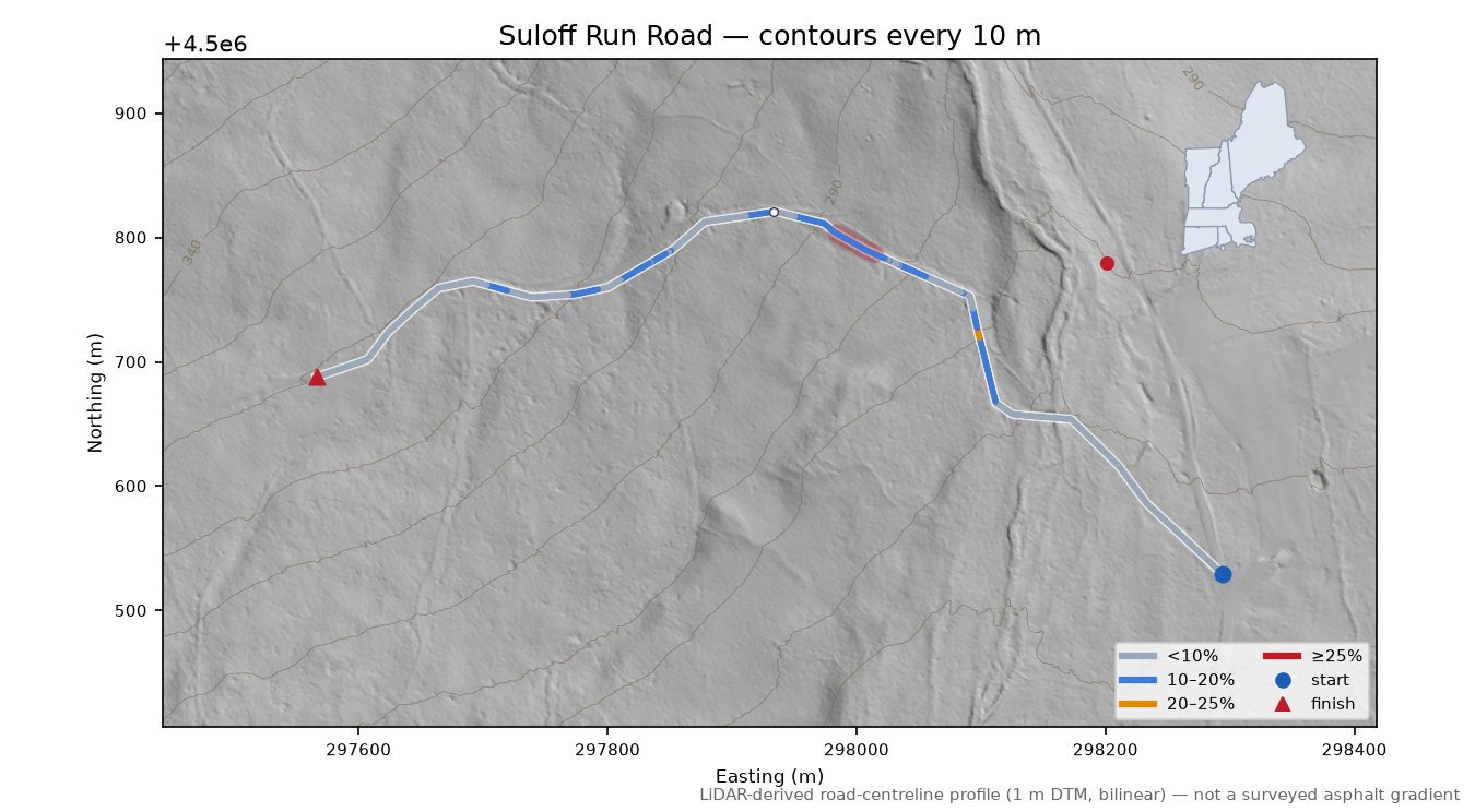 Suloff Run Road LiDAR hillshade map with contours