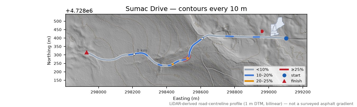 Sumac Drive LiDAR hillshade map with contours