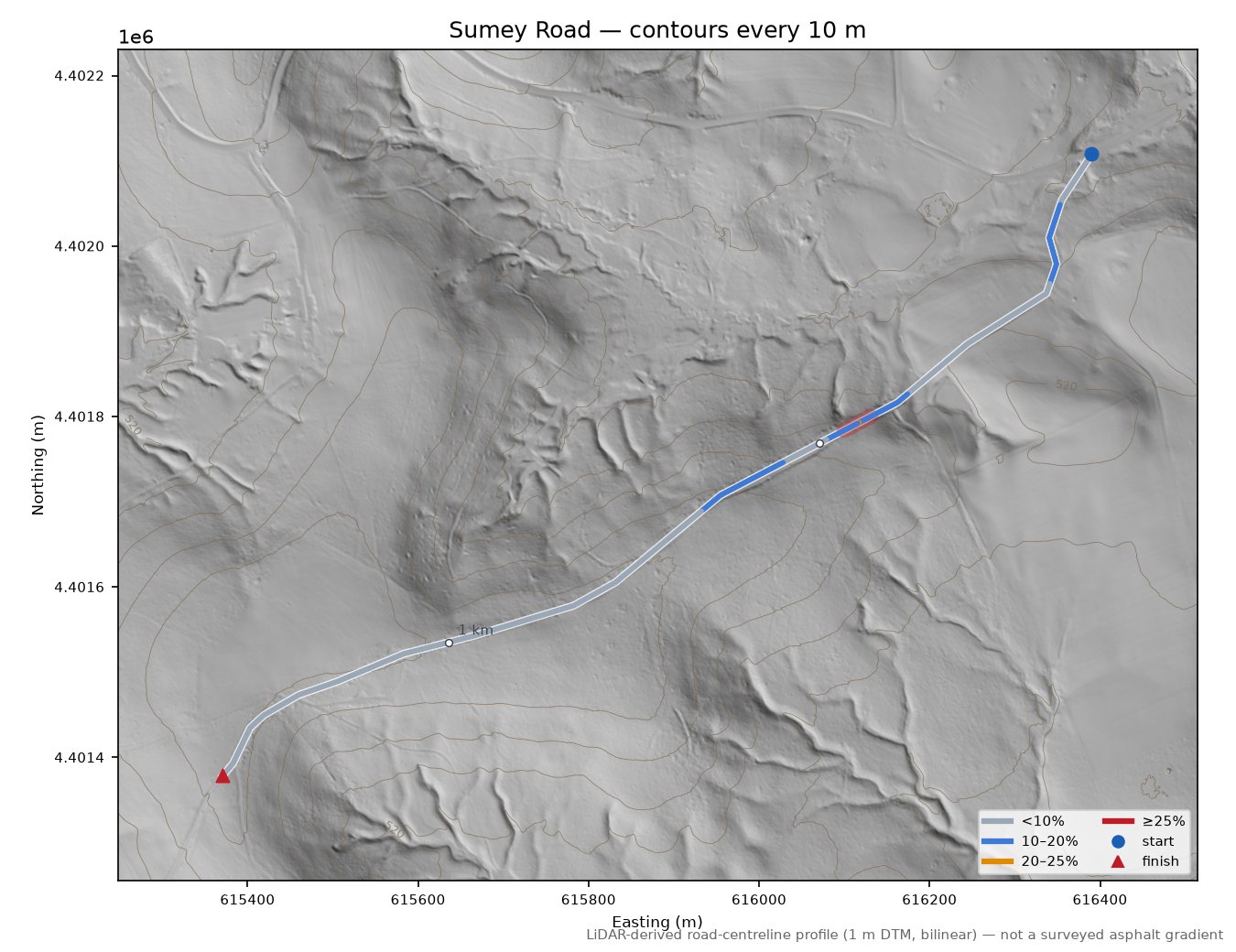 Sumey Road LiDAR hillshade map with contours