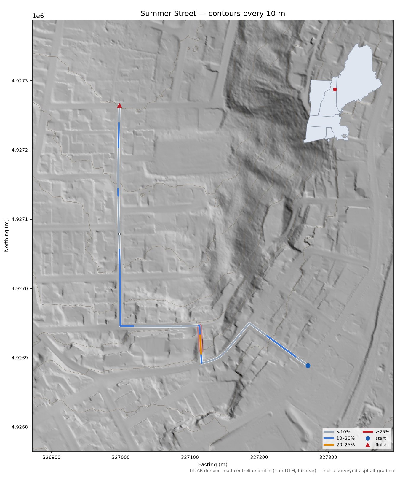 Summer Street LiDAR hillshade map with contours