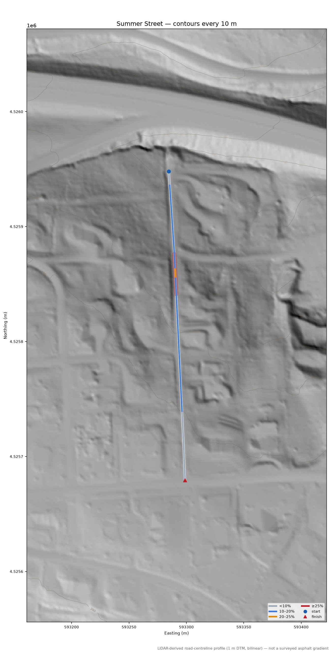 Summer Street LiDAR hillshade map with contours
