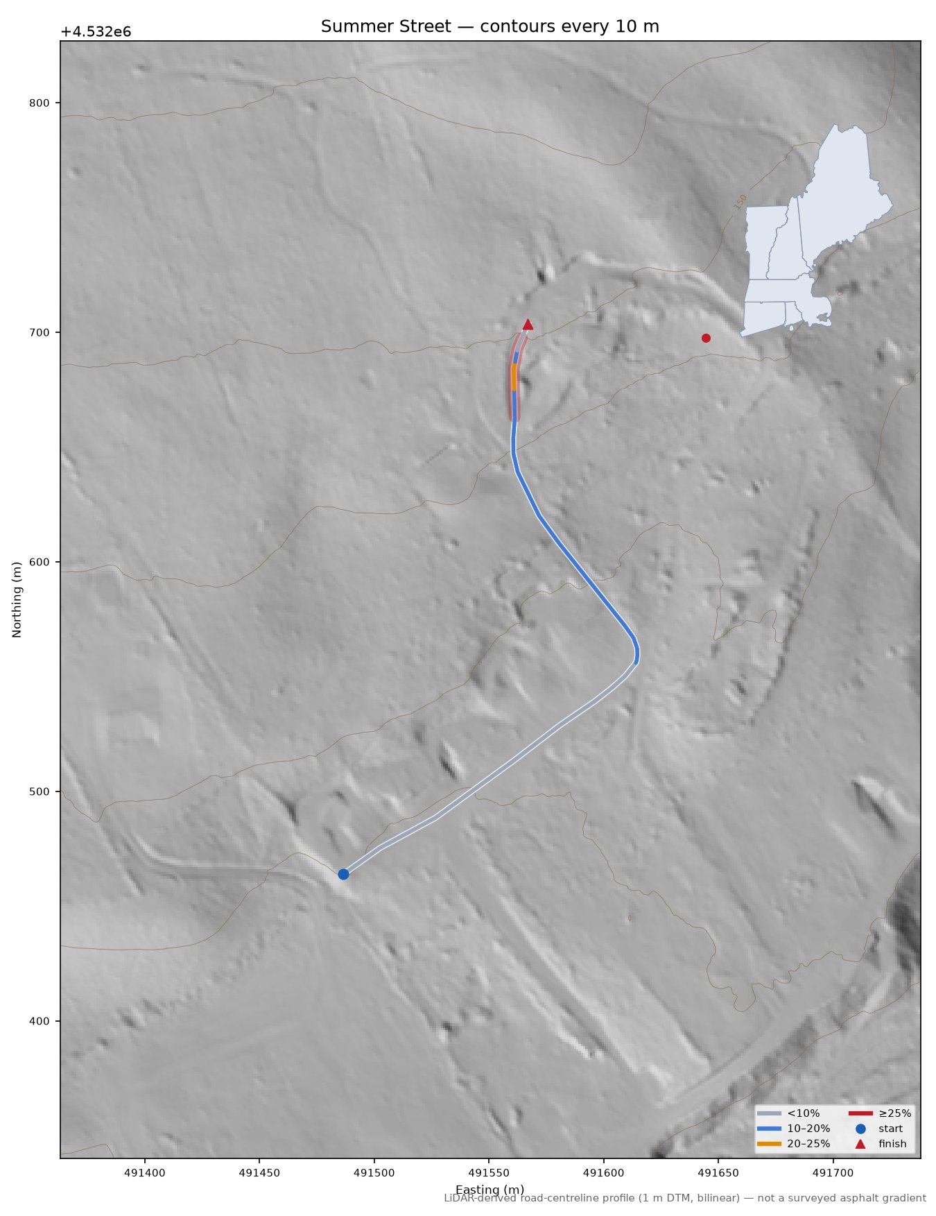 Summer Street LiDAR hillshade map with contours