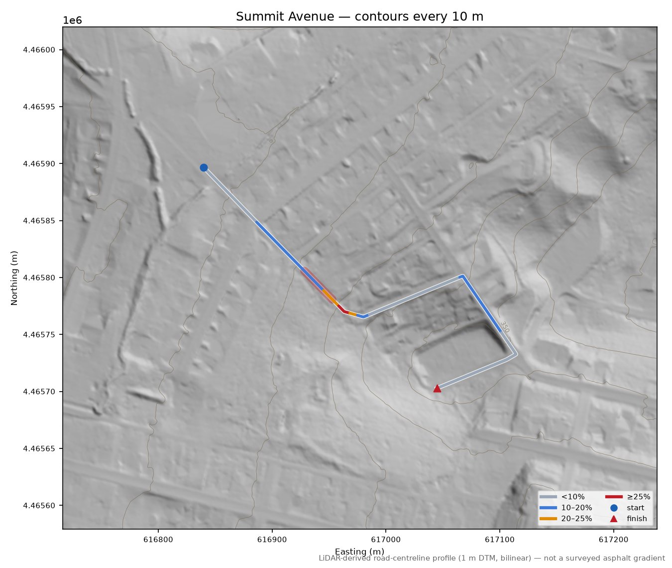 Summit Avenue LiDAR hillshade map with contours
