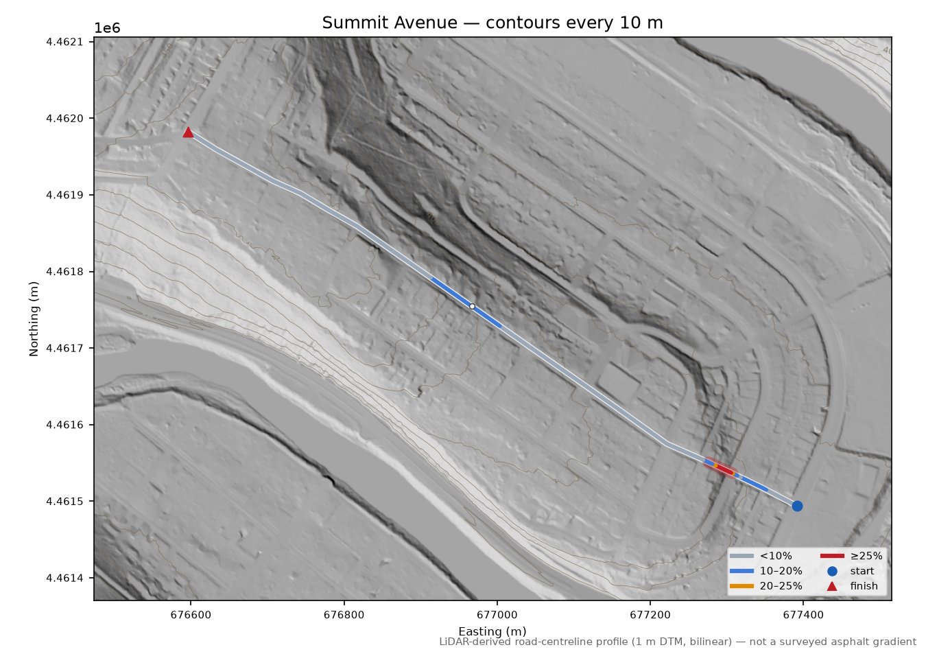 Summit Avenue LiDAR hillshade map with contours