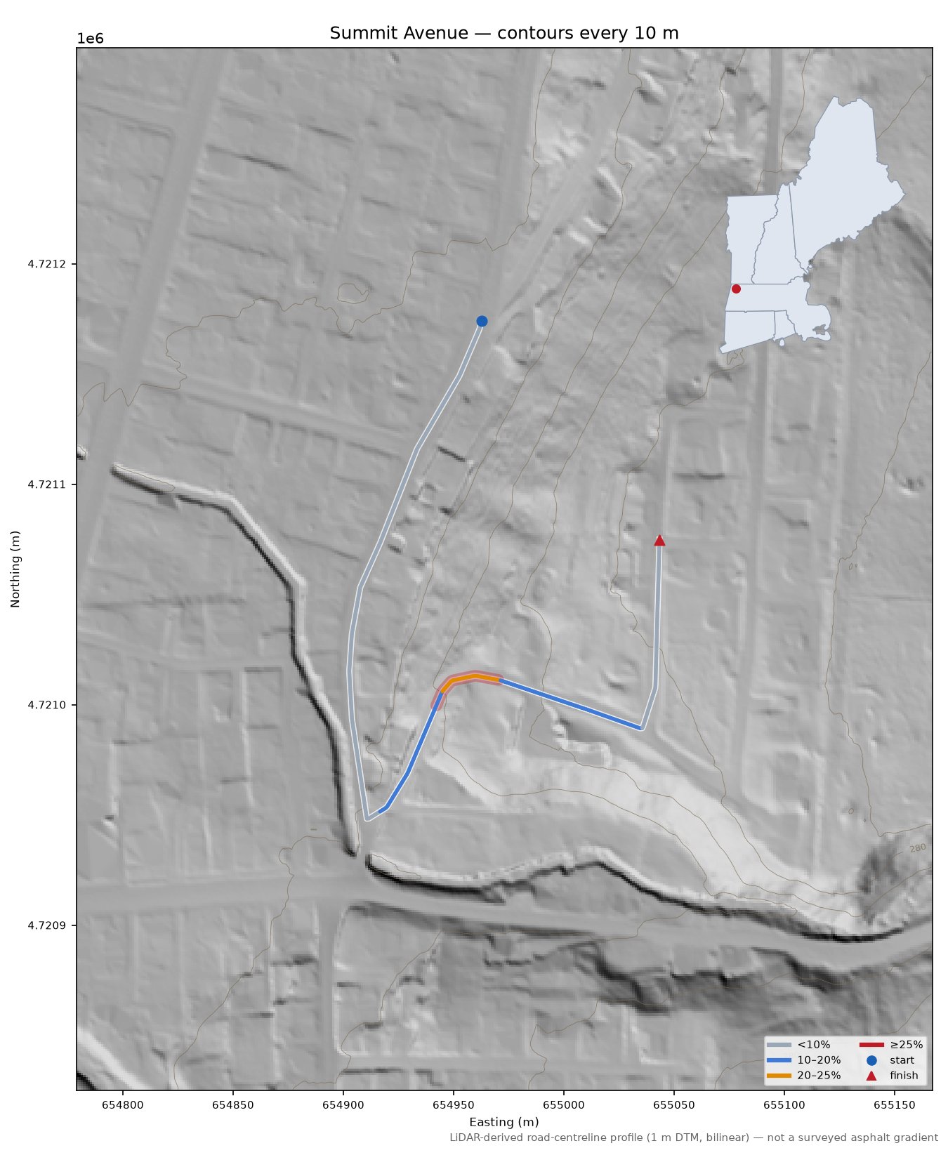 Summit Avenue LiDAR hillshade map with contours