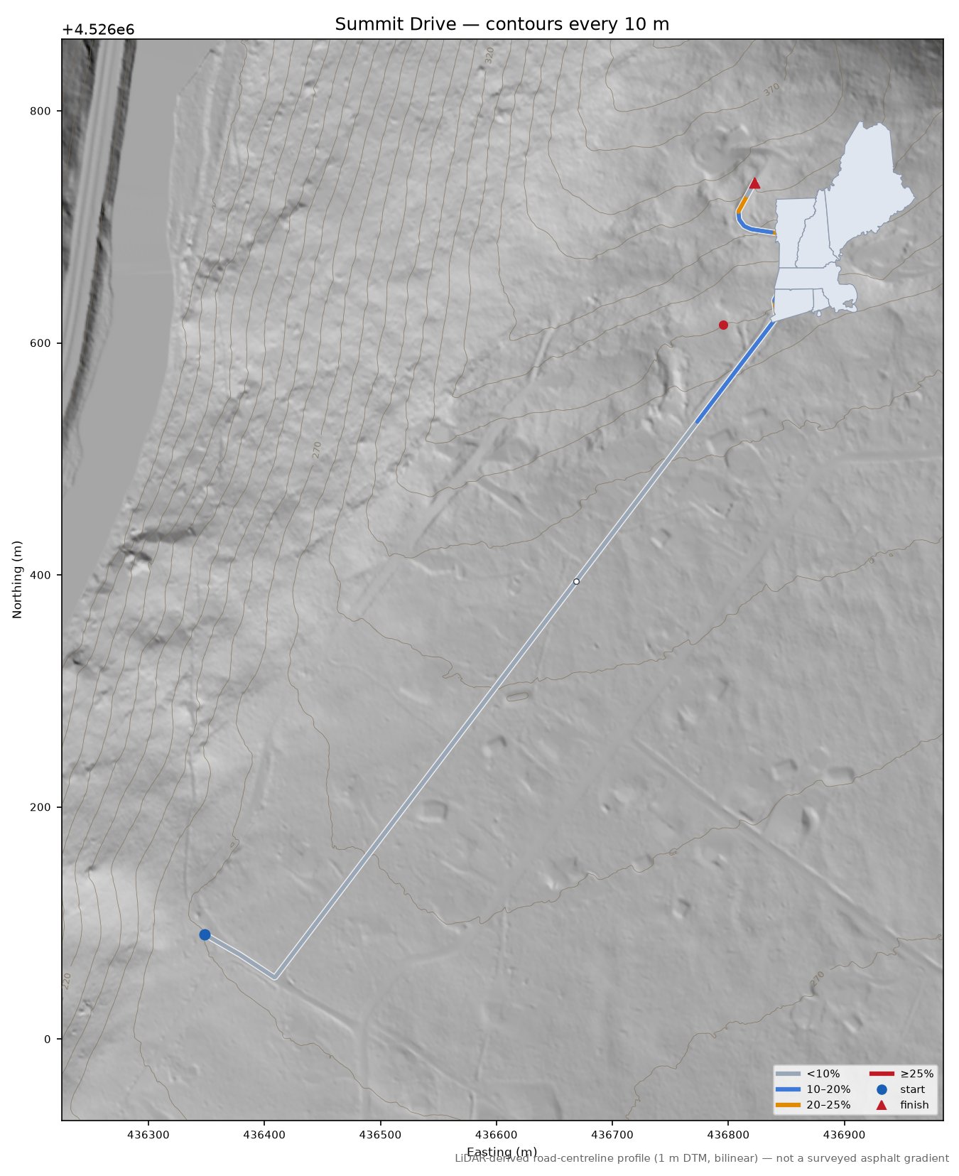 Summit Drive LiDAR hillshade map with contours