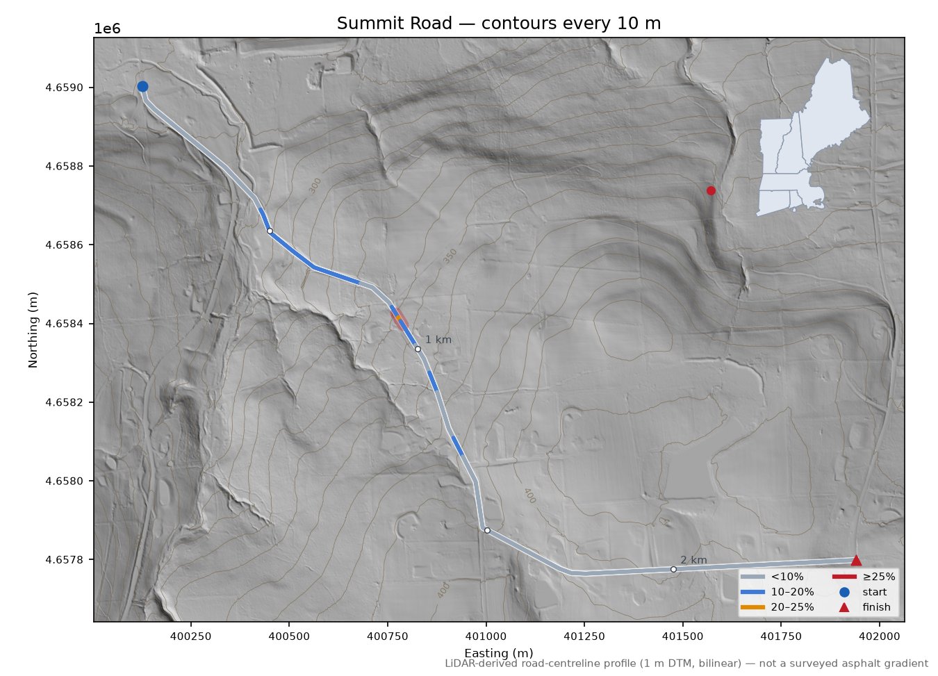 Summit Road LiDAR hillshade map with contours