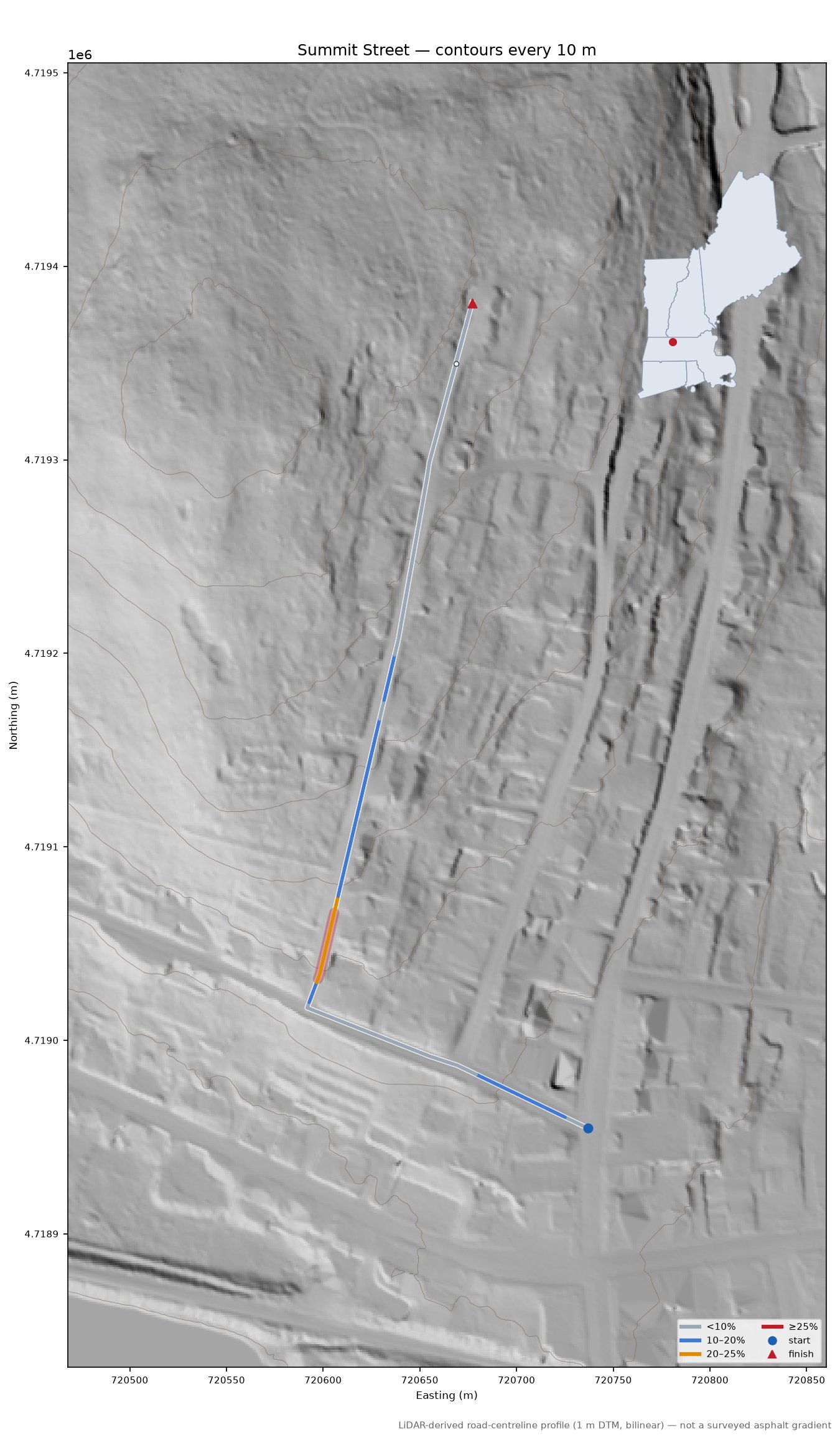 Summit Street LiDAR hillshade map with contours