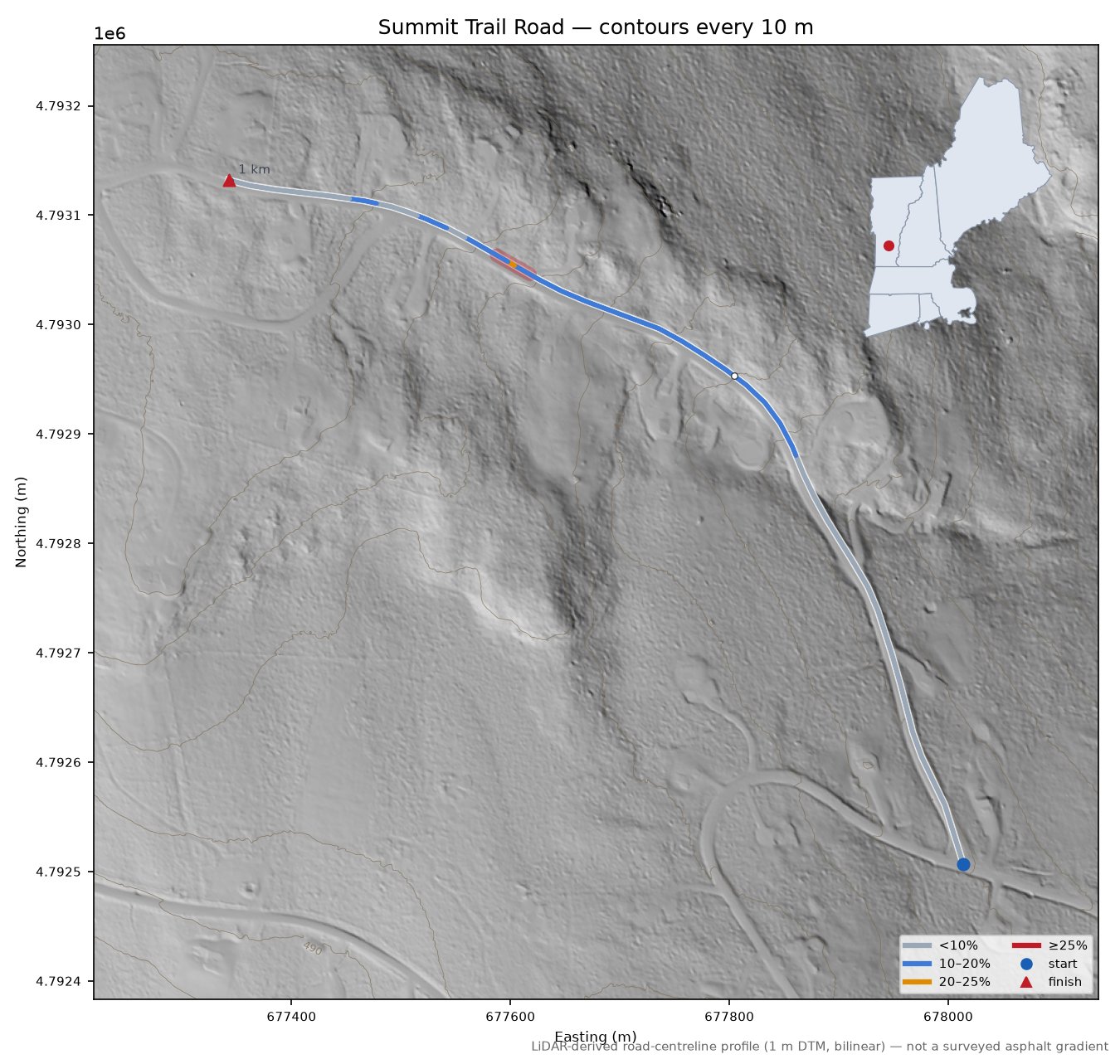 Summit Trail Road LiDAR hillshade map with contours