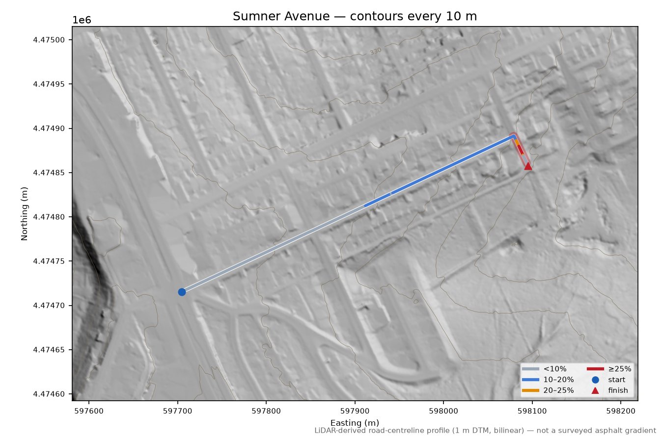 Sumner Avenue LiDAR hillshade map with contours