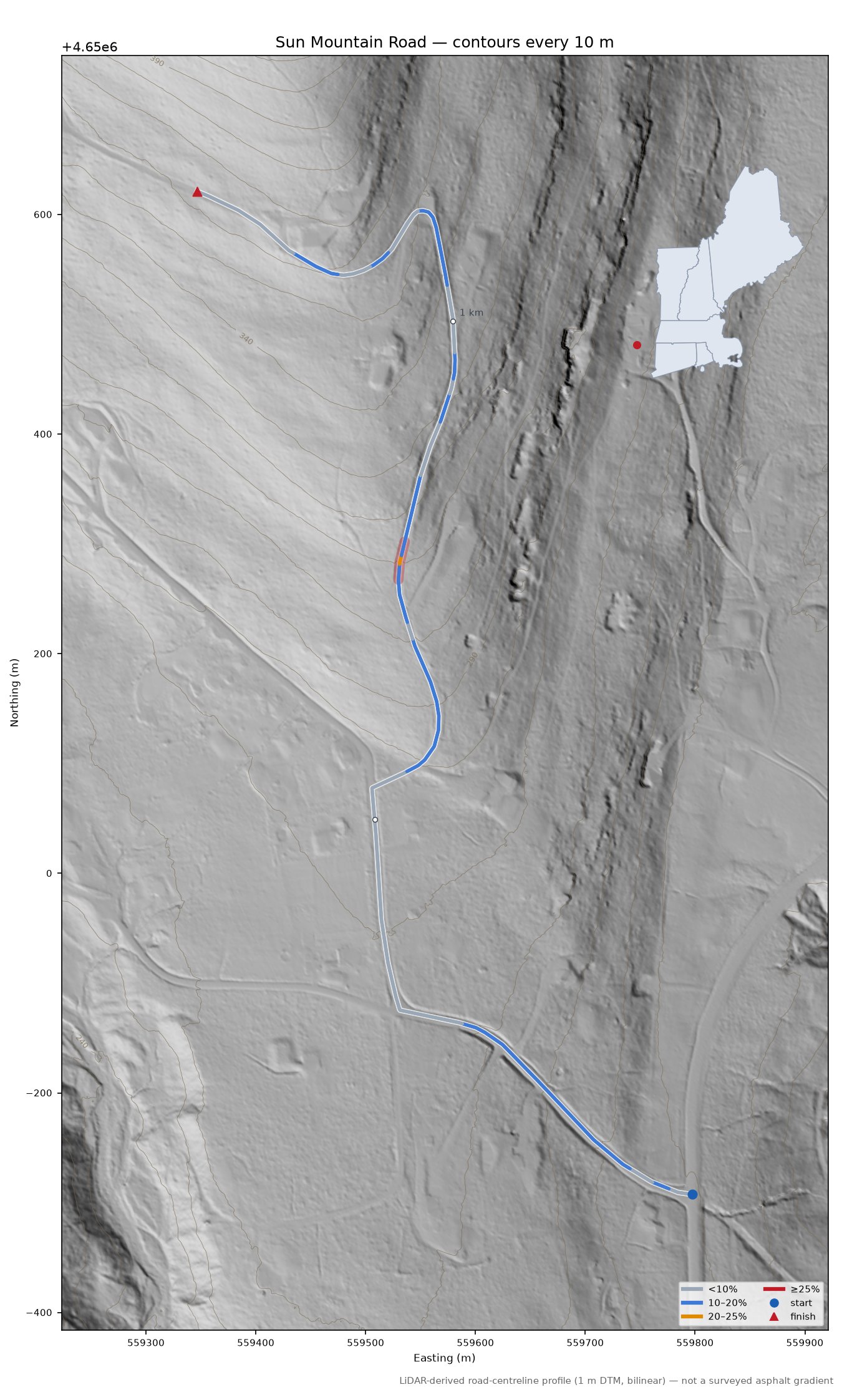 Sun Mountain Road LiDAR hillshade map with contours