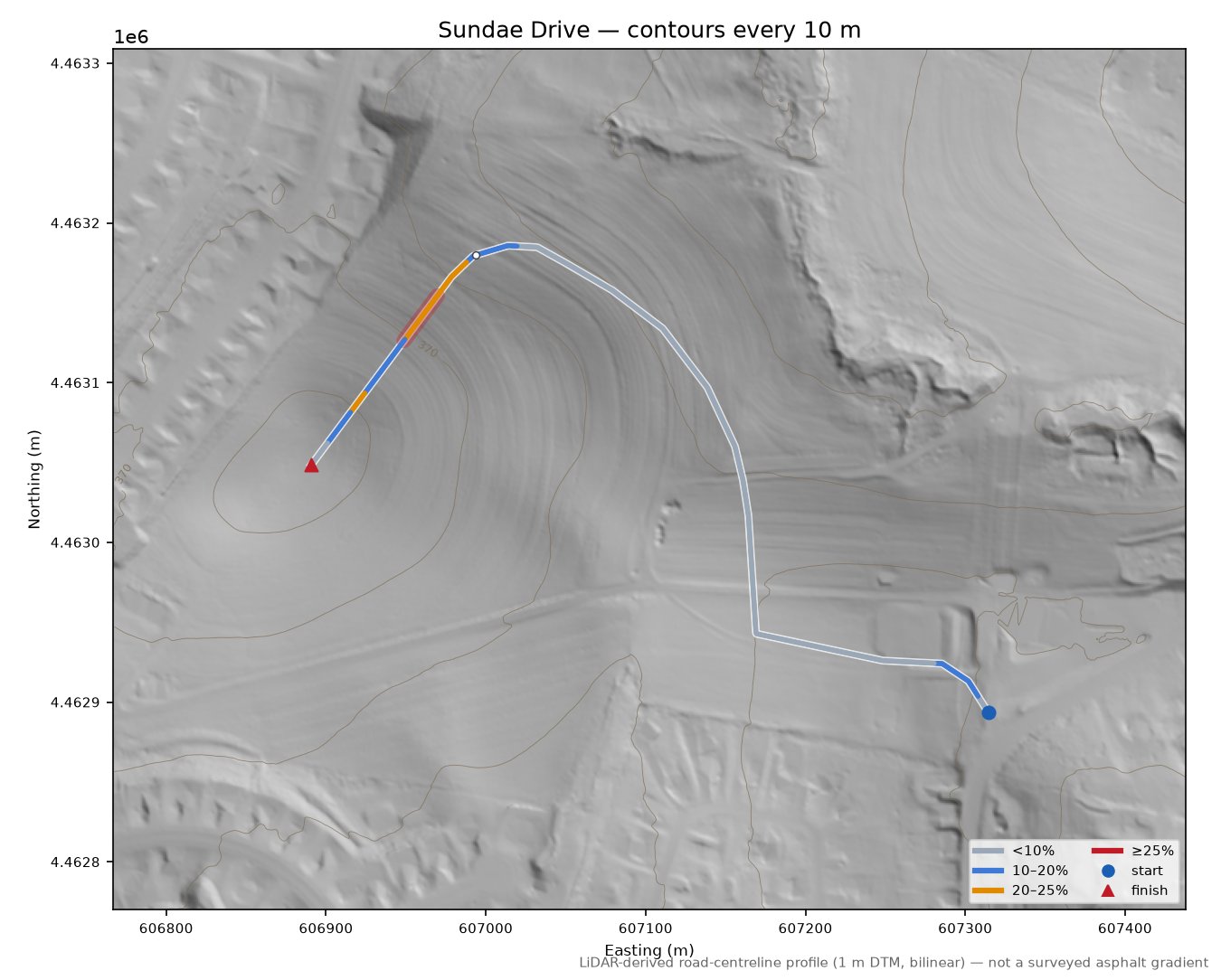 Sundae Drive LiDAR hillshade map with contours