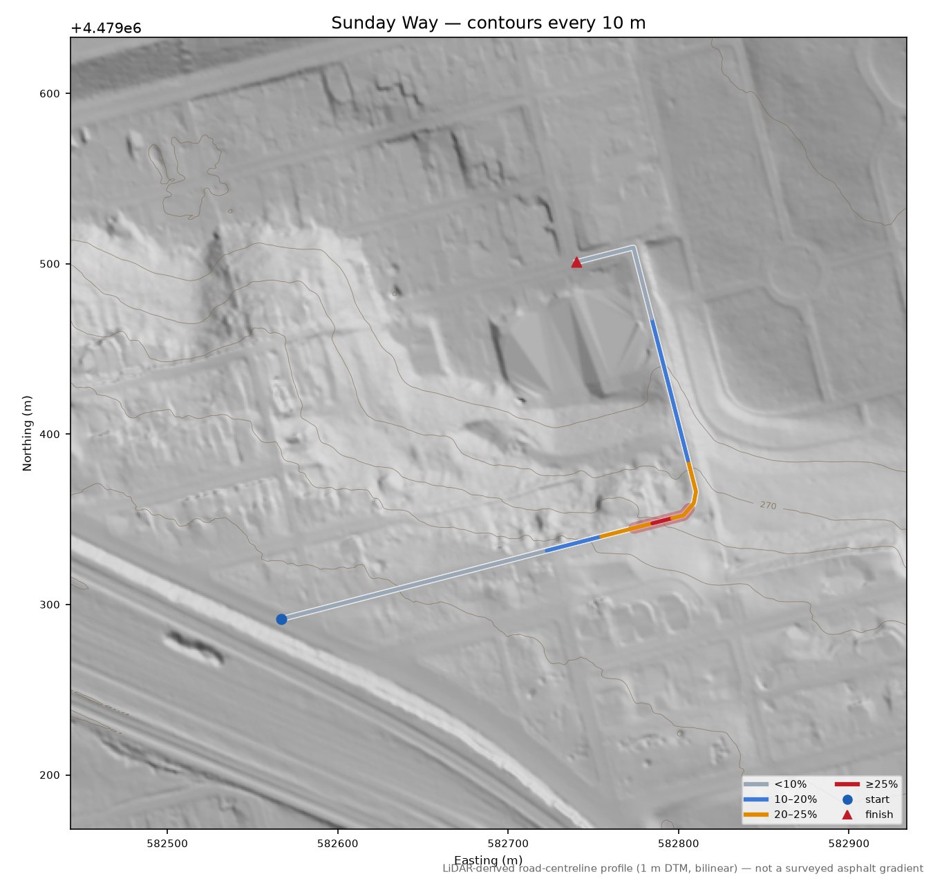 Sunday Way LiDAR hillshade map with contours