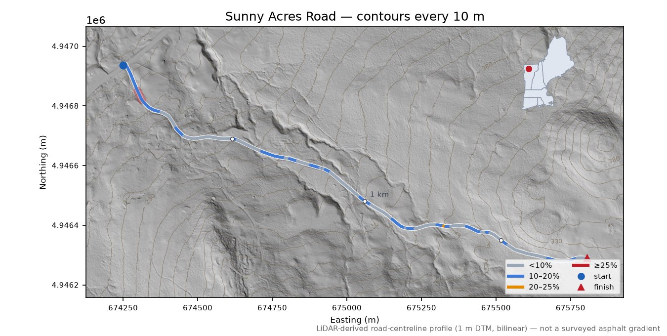 Sunny Acres Road LiDAR hillshade map with contours