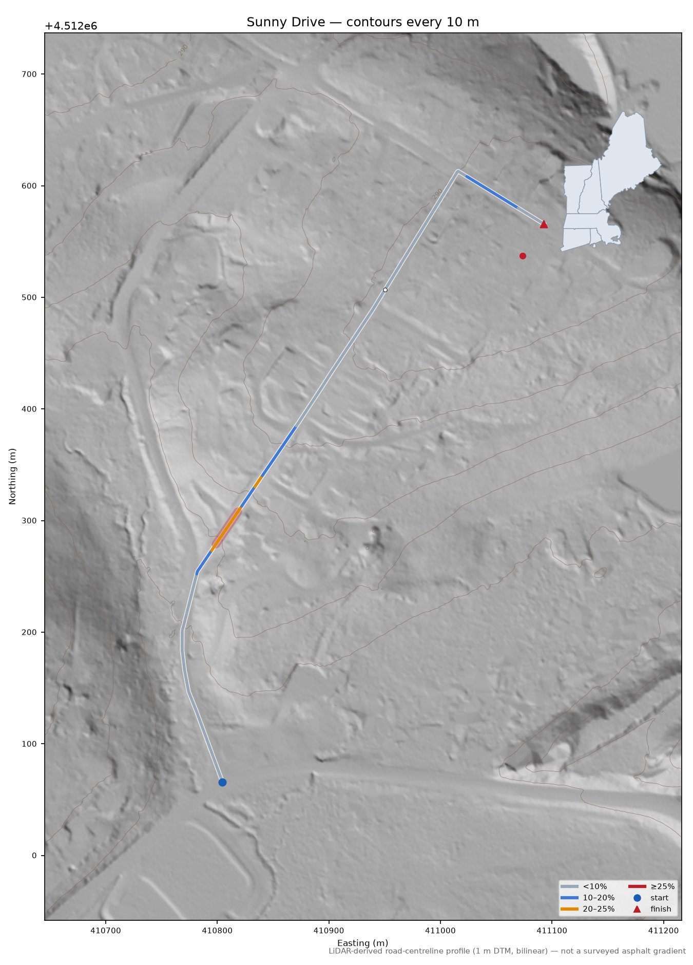 Sunny Drive LiDAR hillshade map with contours
