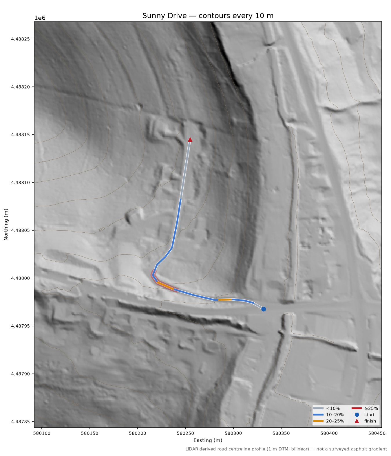 Sunny Drive LiDAR hillshade map with contours