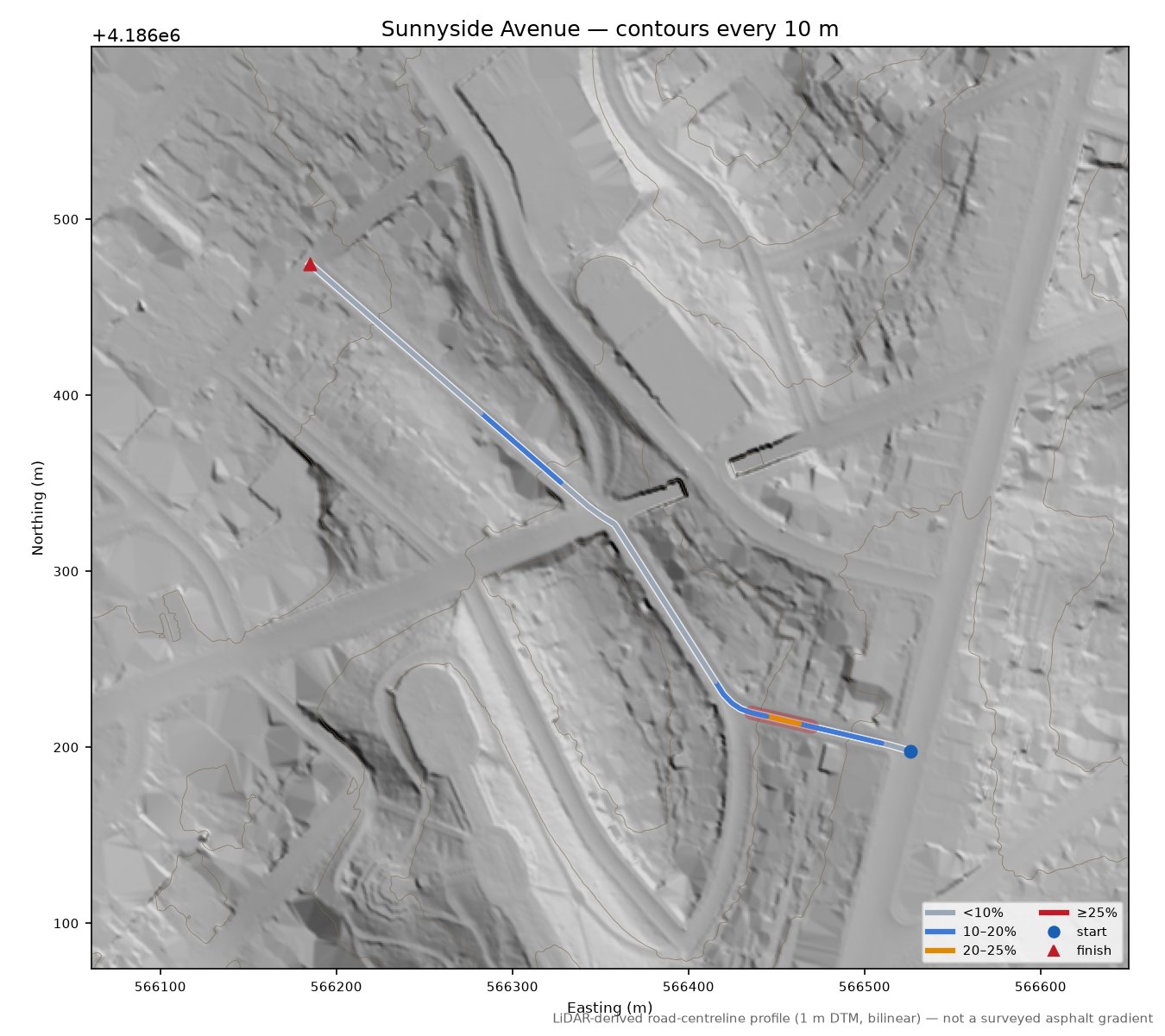 Sunnyside Avenue LiDAR hillshade map with contours