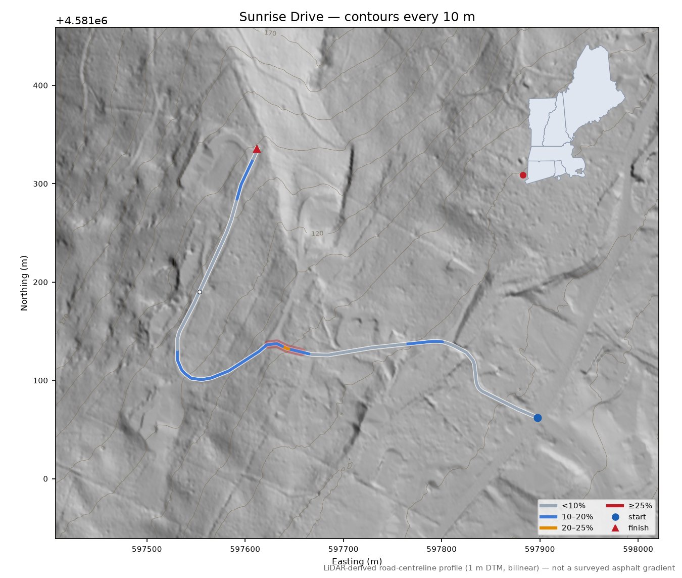 Sunrise Drive LiDAR hillshade map with contours