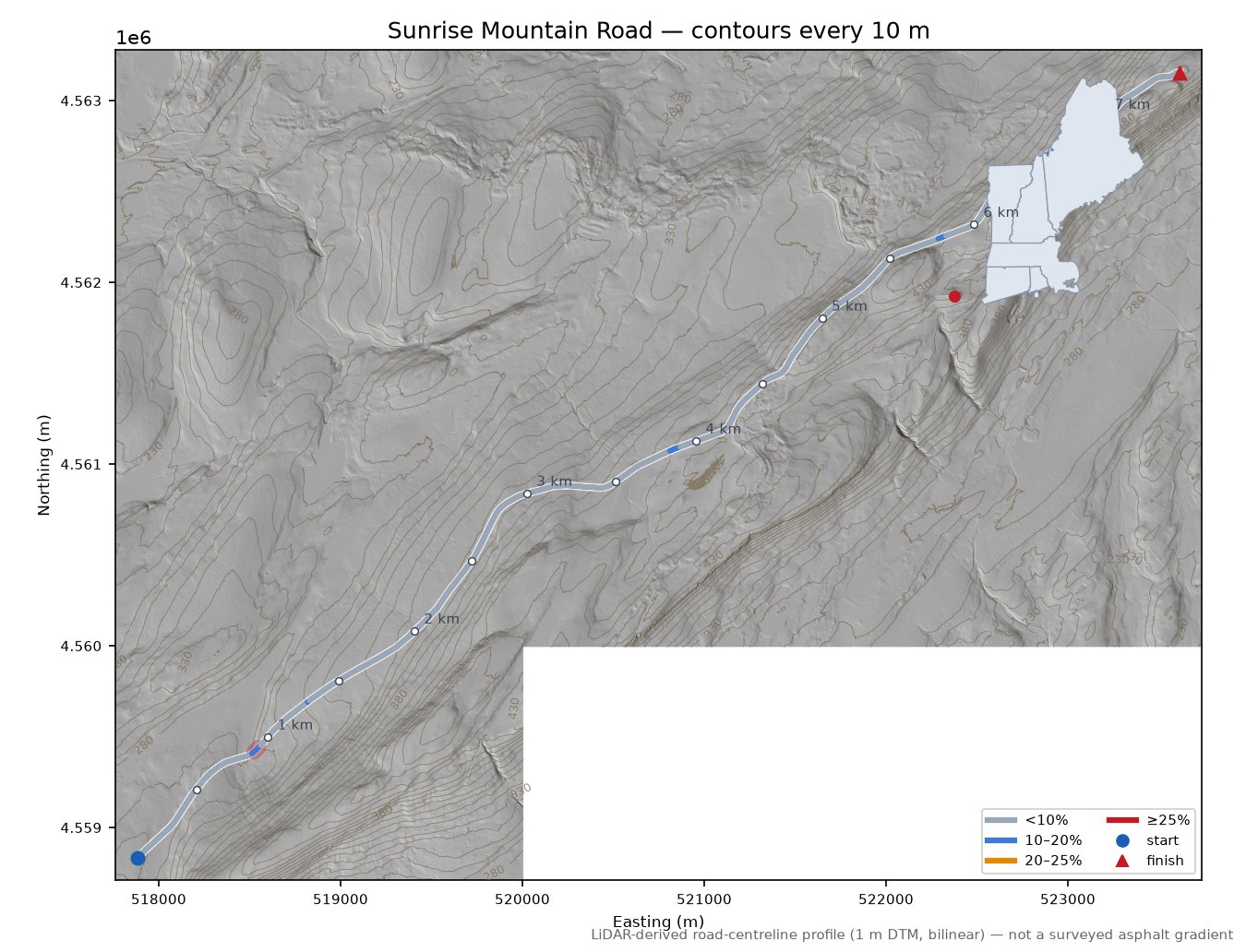 Sunrise Mountain Road LiDAR hillshade map with contours