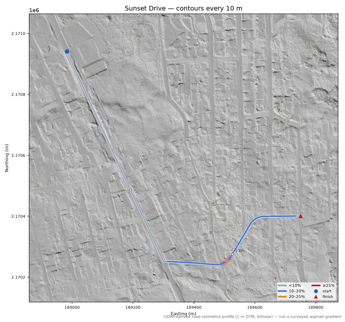Sunset Drive LiDAR hillshade map with contours