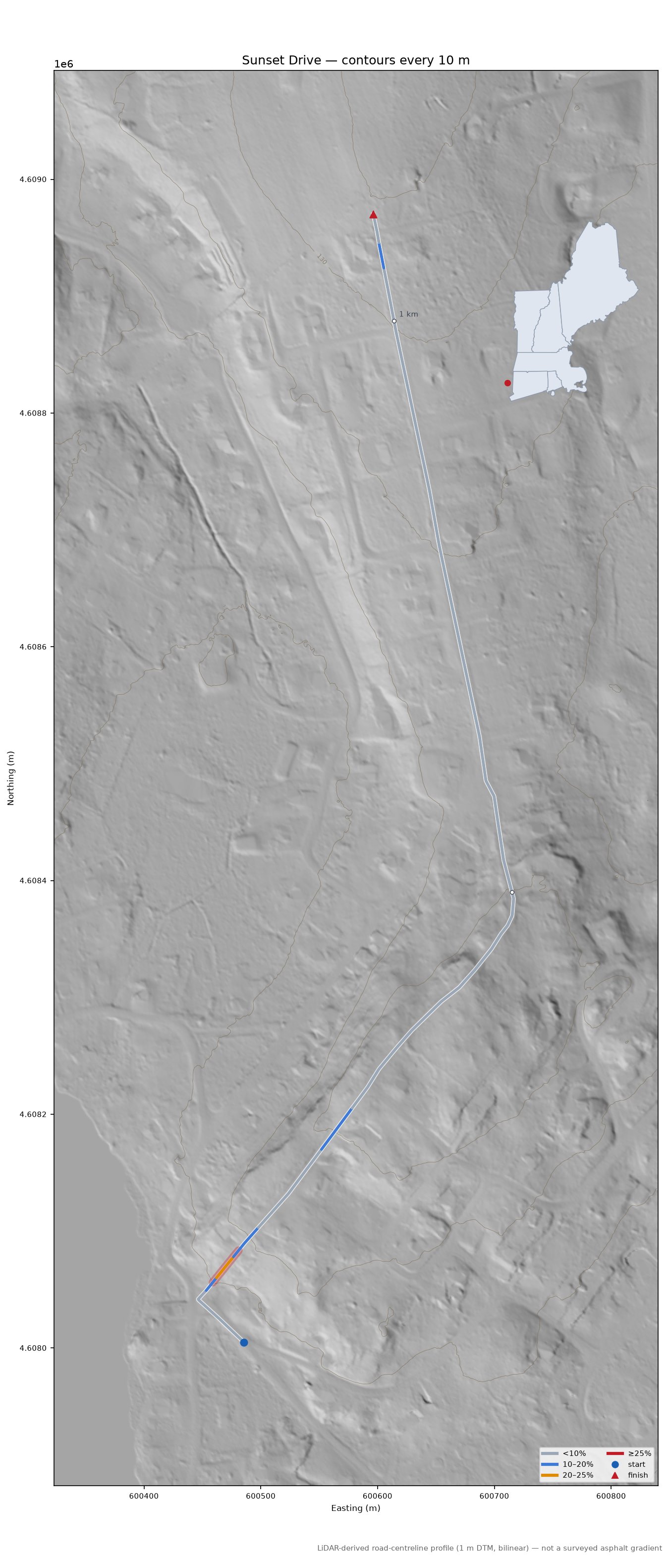 Sunset Drive LiDAR hillshade map with contours