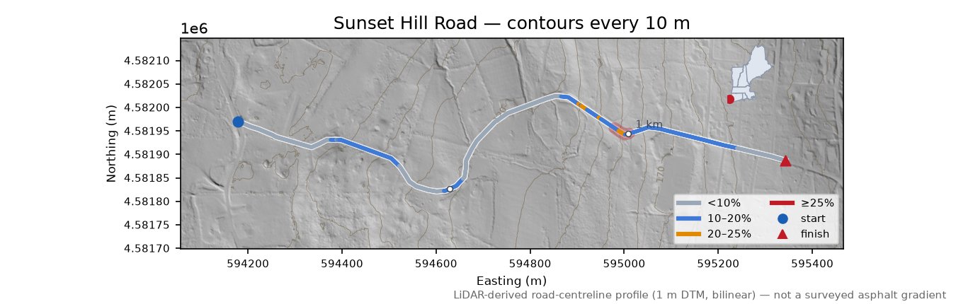 Sunset Hill Road LiDAR hillshade map with contours