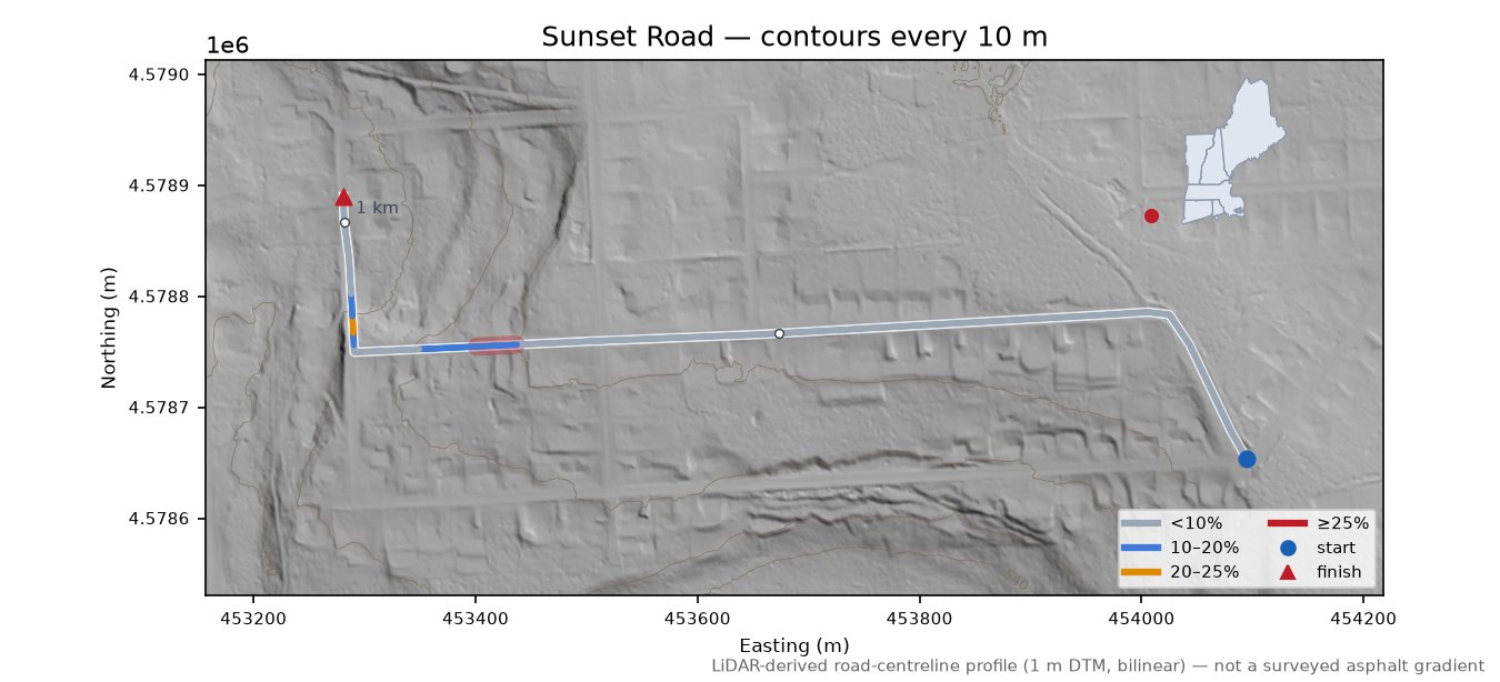 Sunset Road LiDAR hillshade map with contours