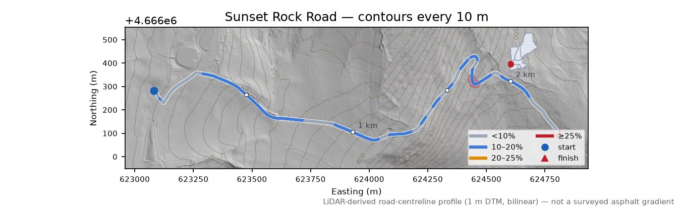 Sunset Rock Road LiDAR hillshade map with contours