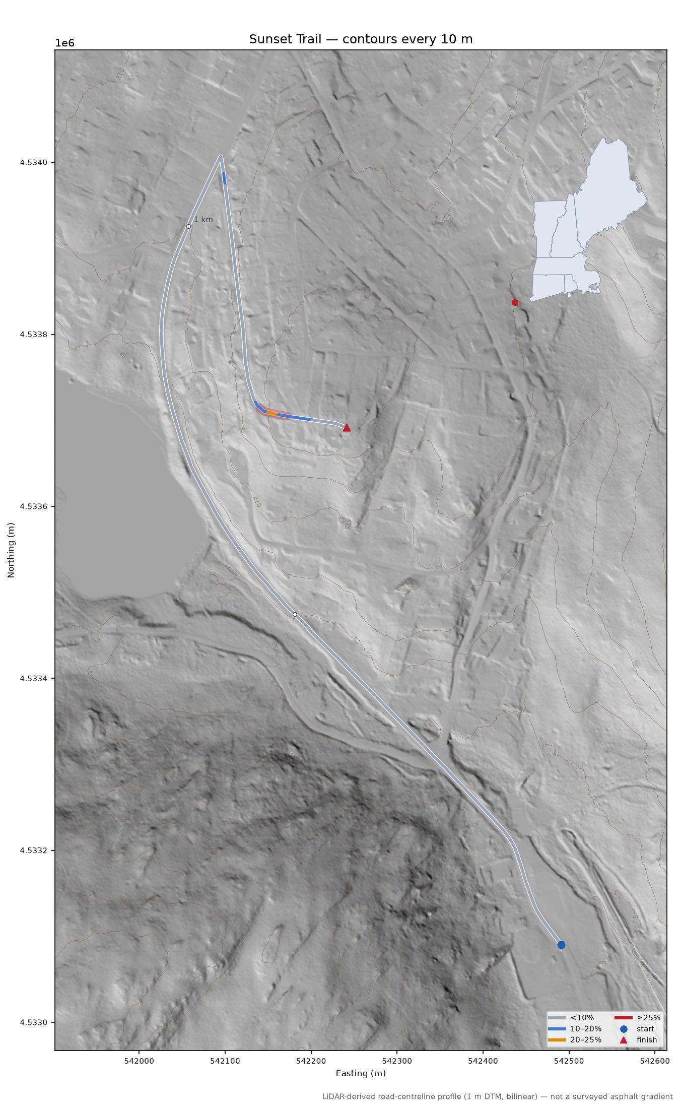 Sunset Trail LiDAR hillshade map with contours