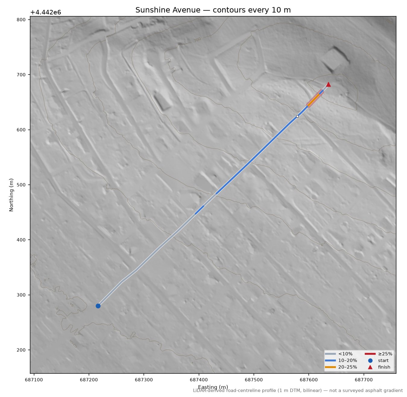 Sunshine Avenue LiDAR hillshade map with contours