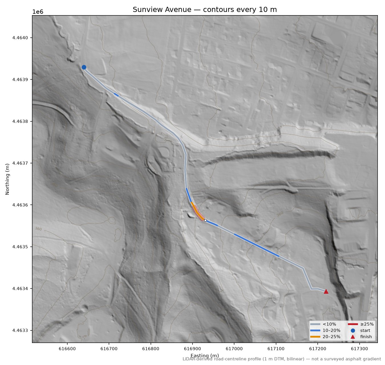 Sunview Avenue LiDAR hillshade map with contours