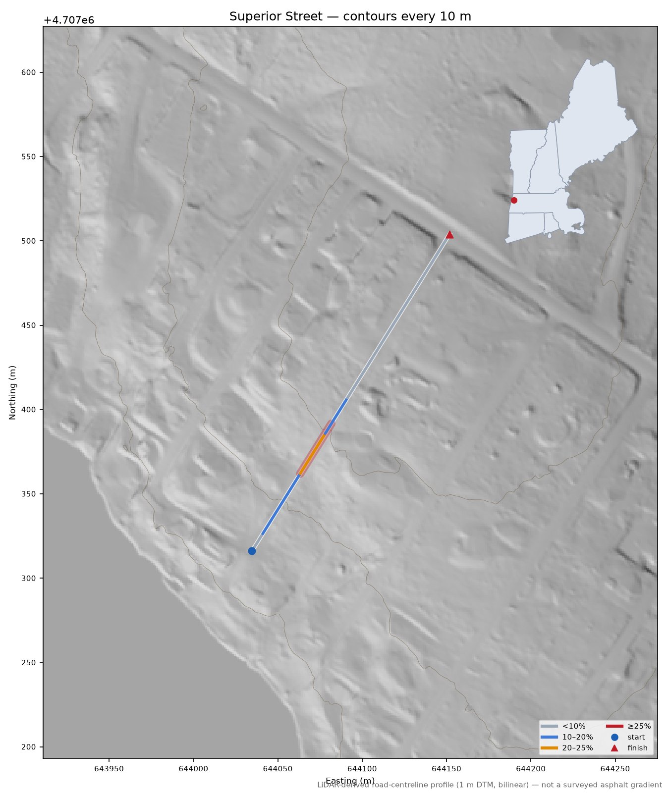 Superior Street LiDAR hillshade map with contours