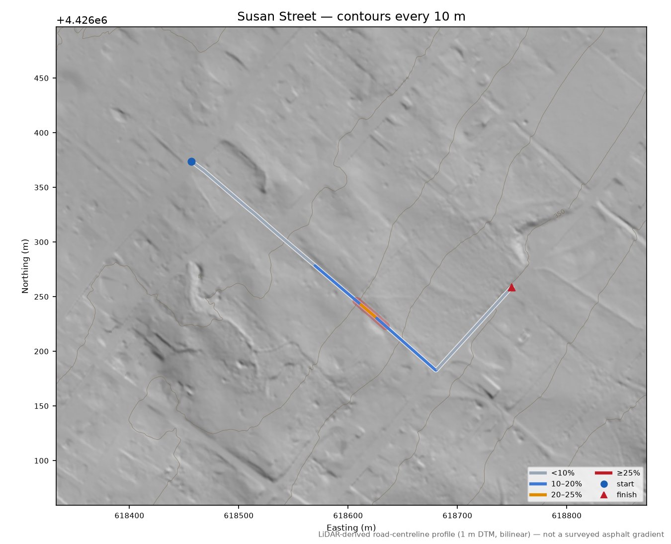 Susan Street LiDAR hillshade map with contours