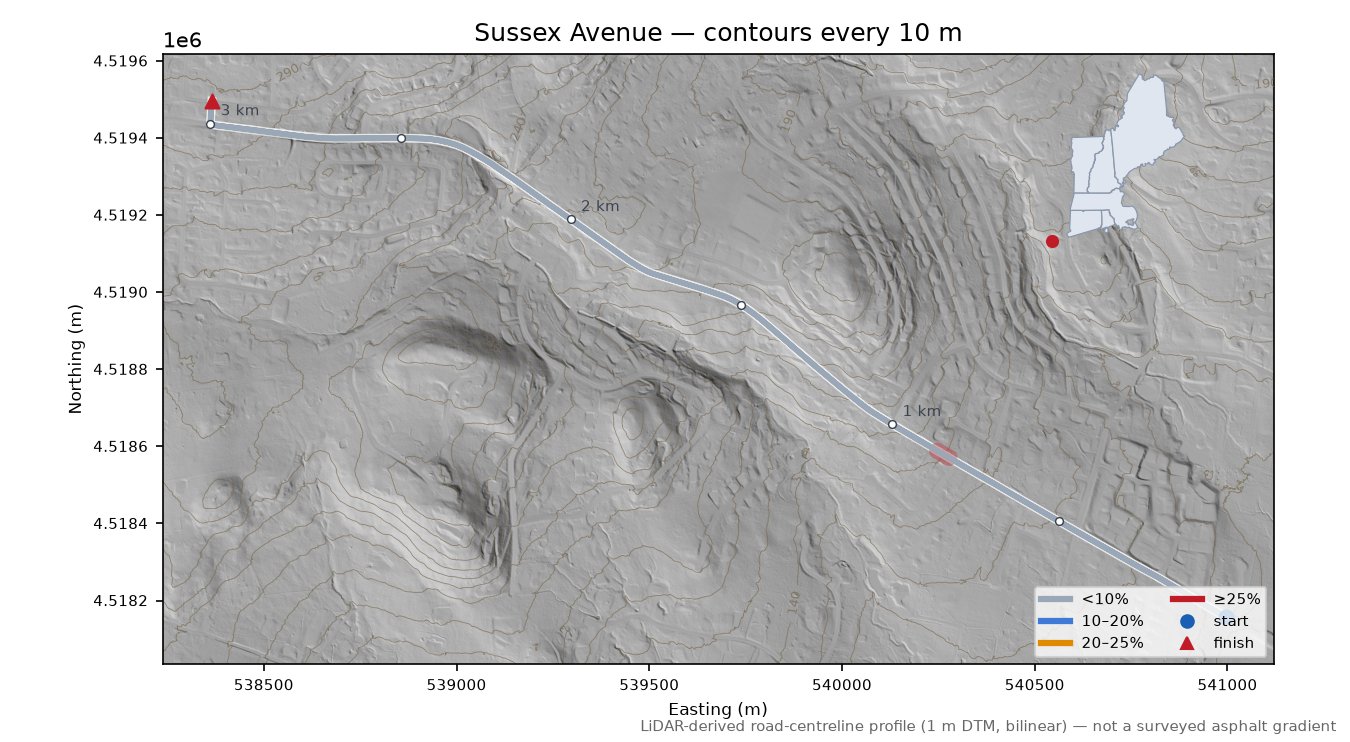 Sussex Avenue LiDAR hillshade map with contours